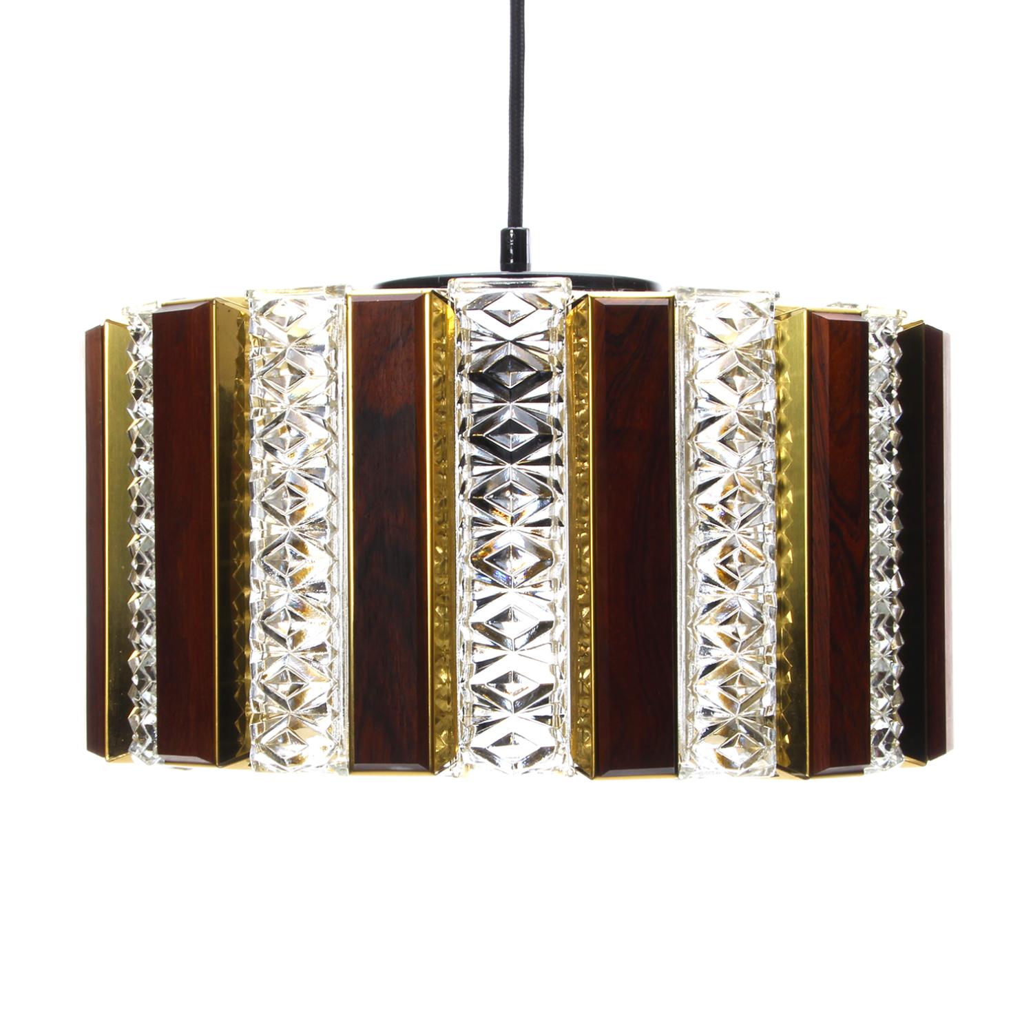 Brass and Glass Pendant Light with wood by Coronell, 1970s