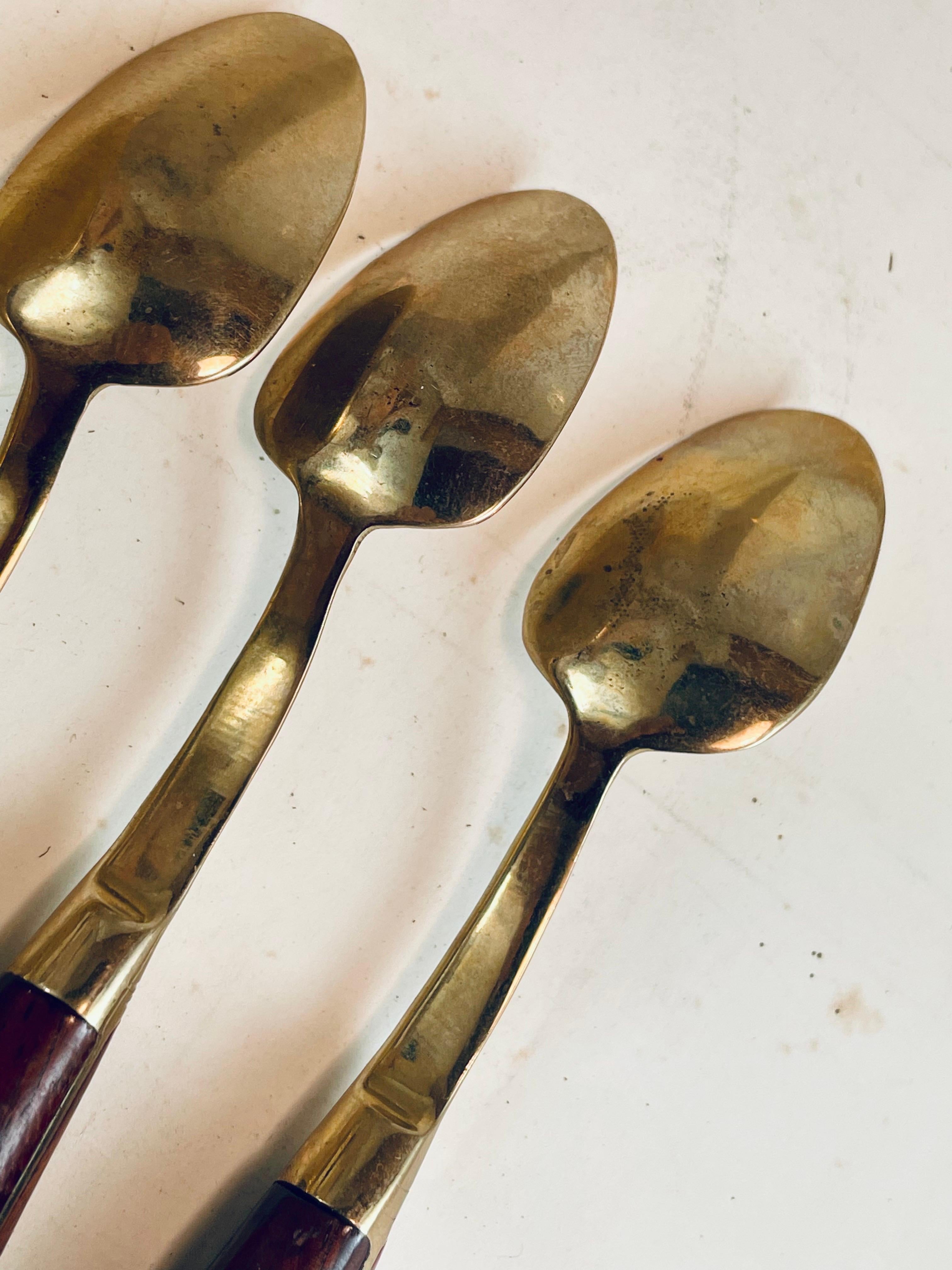 Laiton Cuillères à demitasse en bois de rose et laiton Lot de 6 en vente