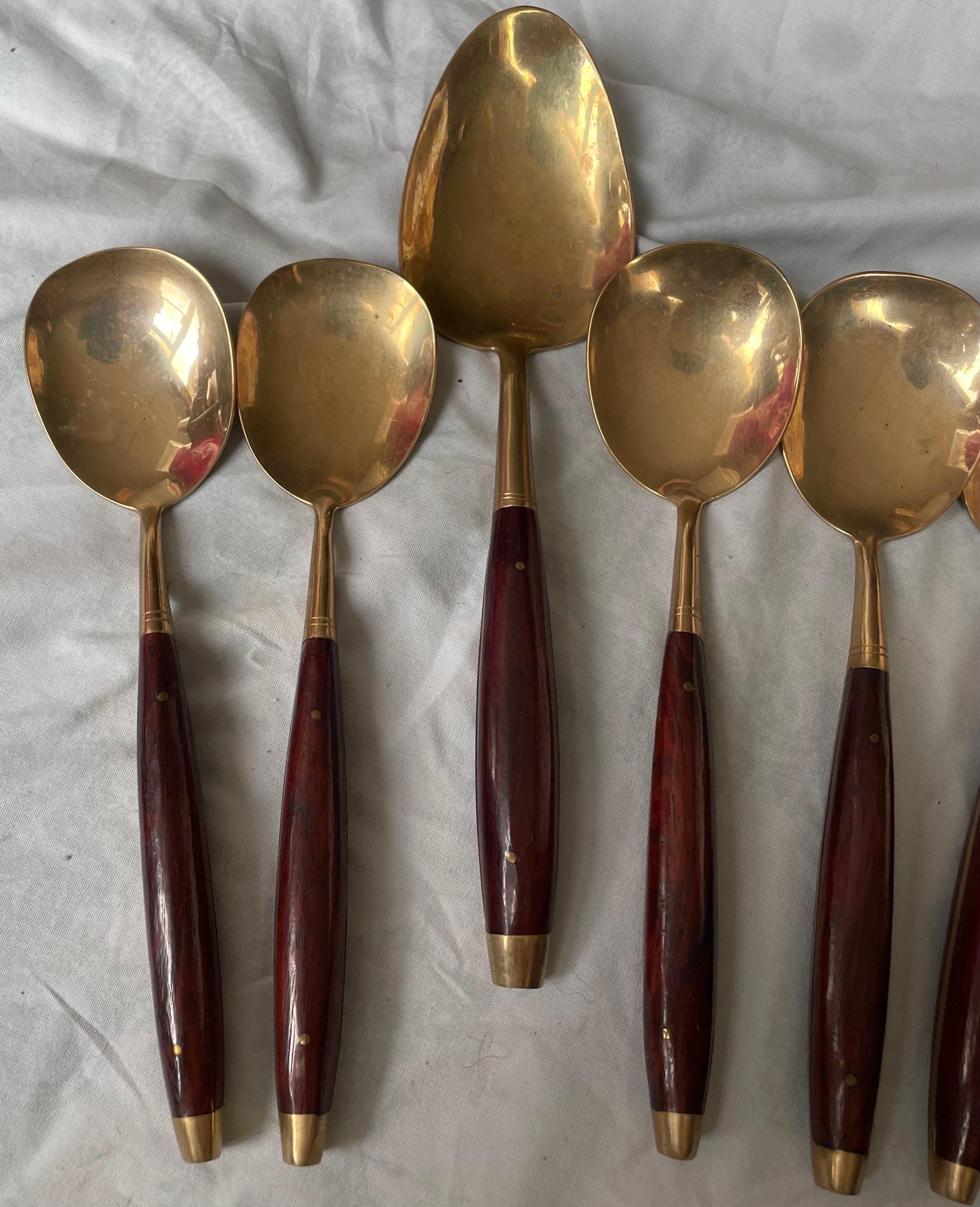 Mid-Century Modern 6 pc Rosewood Brass Flatware Desert Ice Cream Set Lg Serving Spoon 5 Soup Spoon For Sale
