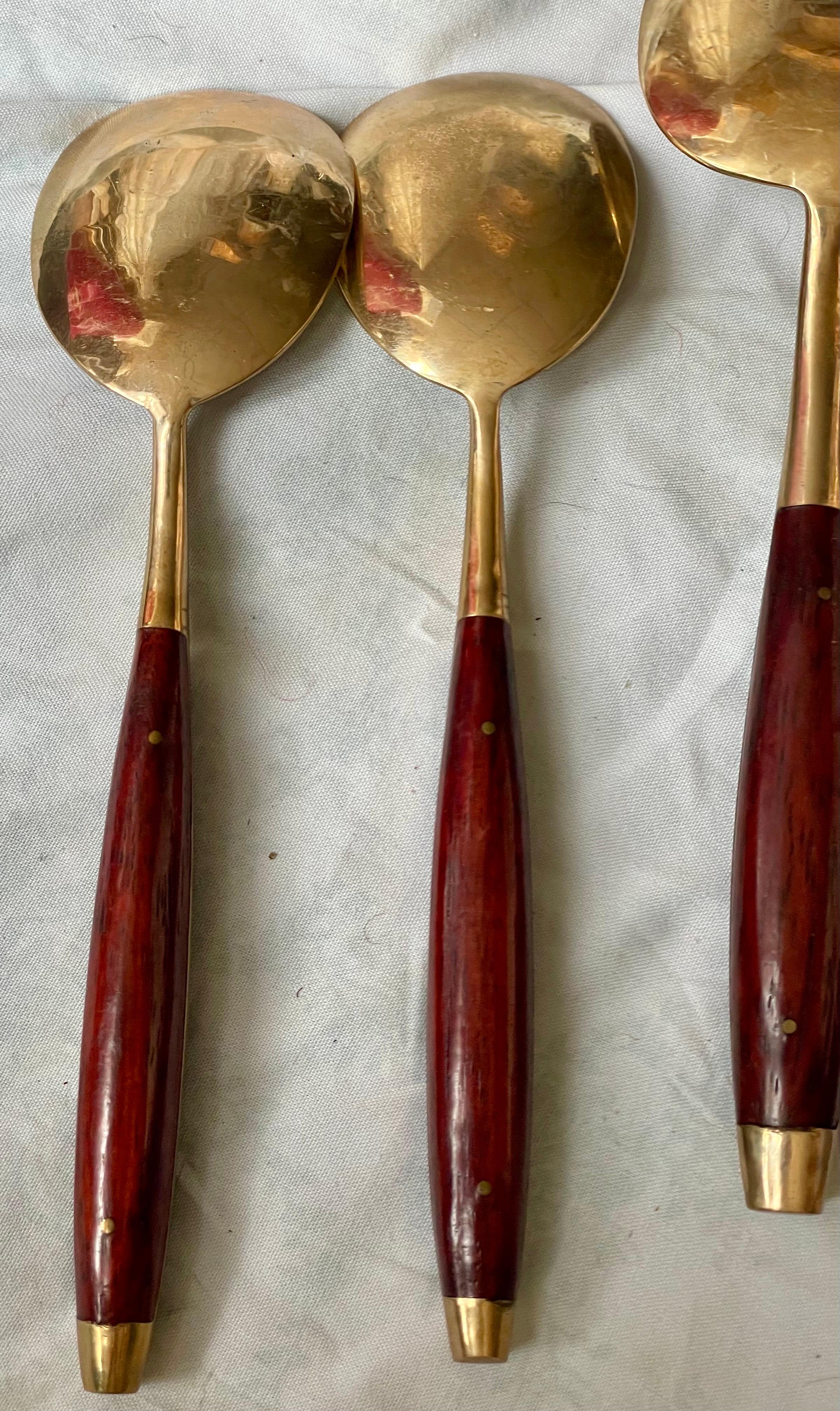 Unknown 6 pc Rosewood Brass Flatware Desert Ice Cream Set Lg Serving Spoon 5 Soup Spoon For Sale