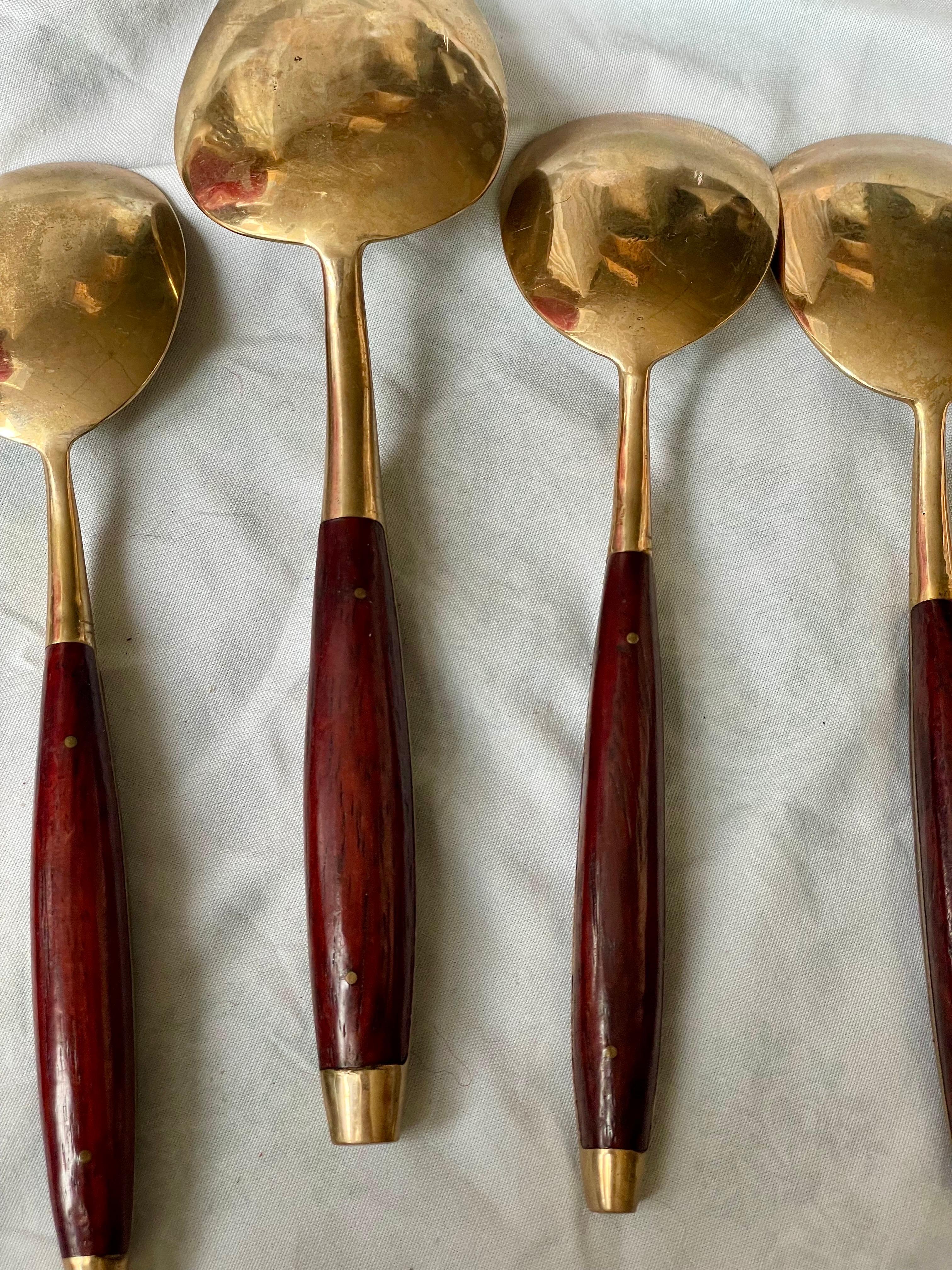 6 pc Rosewood Brass Flatware Desert Ice Cream Set Lg Serving Spoon 5 Soup Spoon For Sale 1