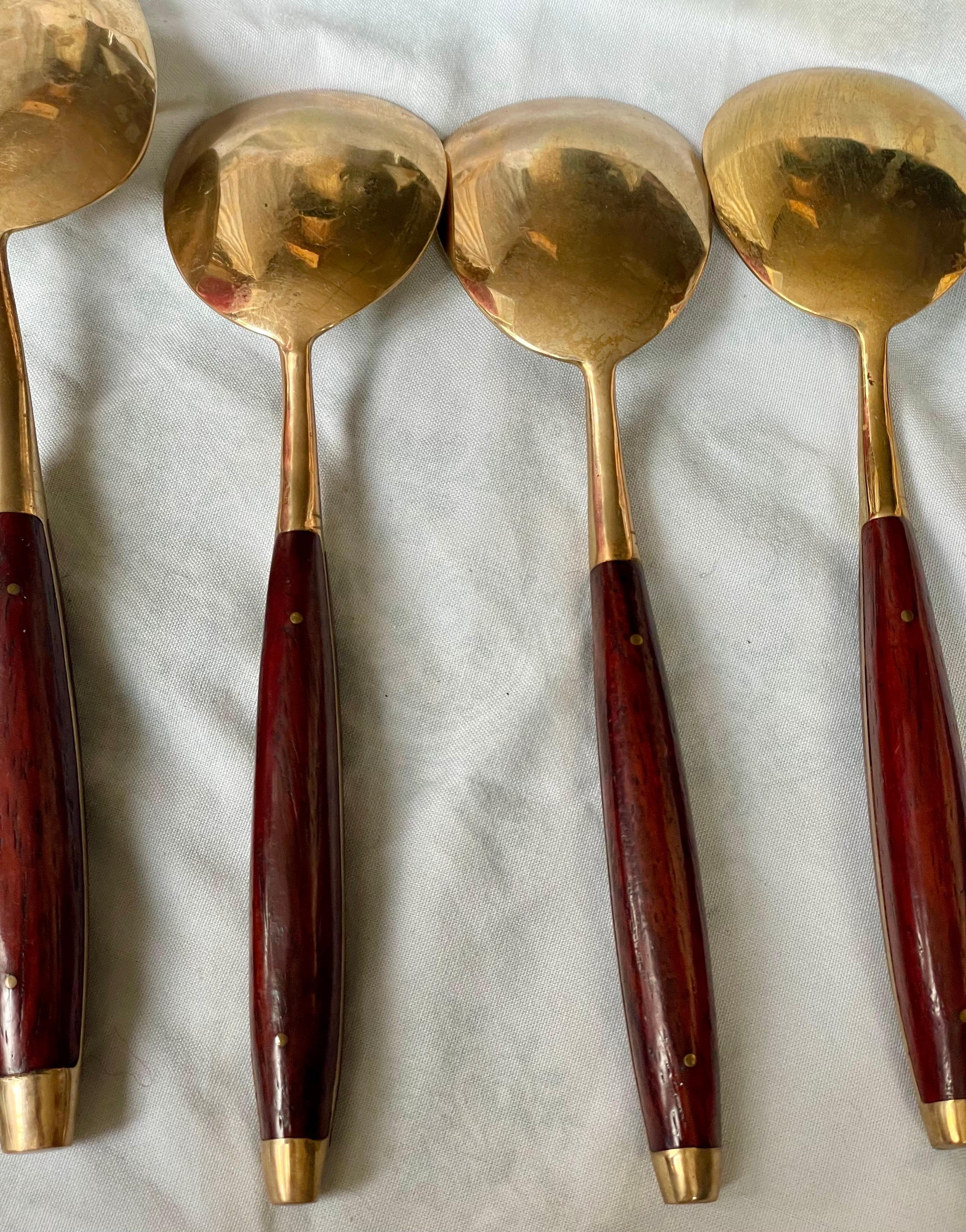 6 pc Rosewood Brass Flatware Desert Ice Cream Set Lg Serving Spoon 5 Soup Spoon For Sale 2