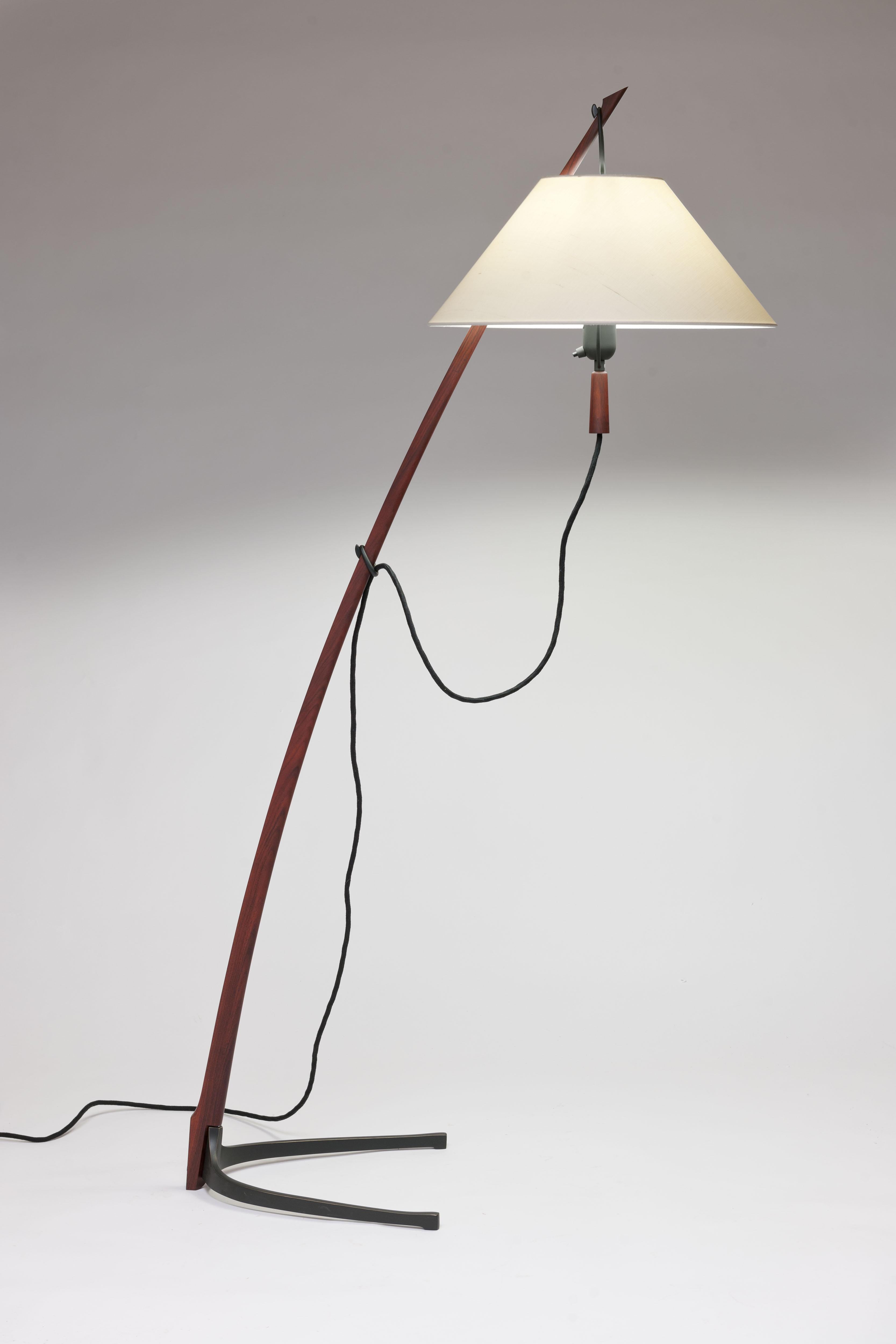 All new, contemporary edition of J.T. Kalmar's iconic 'Dornstab' design from 1947 in exclusive hardwood (Paul Ferro) or Wenge & bronzed brass base with silk fabric lamp shade. Made at original manufacturer Kalmar Werkstätten in Austria. 

The solid
