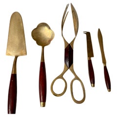 Posate in palissandro e ottone 5 pezzi da portata Pinze Cucchiaio da torta Bonbon Coltello da formaggio
