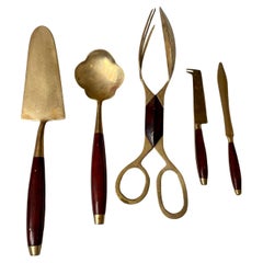 Rosewood & Brass Flatware 5 Serving Pieces Tongs Pie Bonbon Spoon Cheese Knife