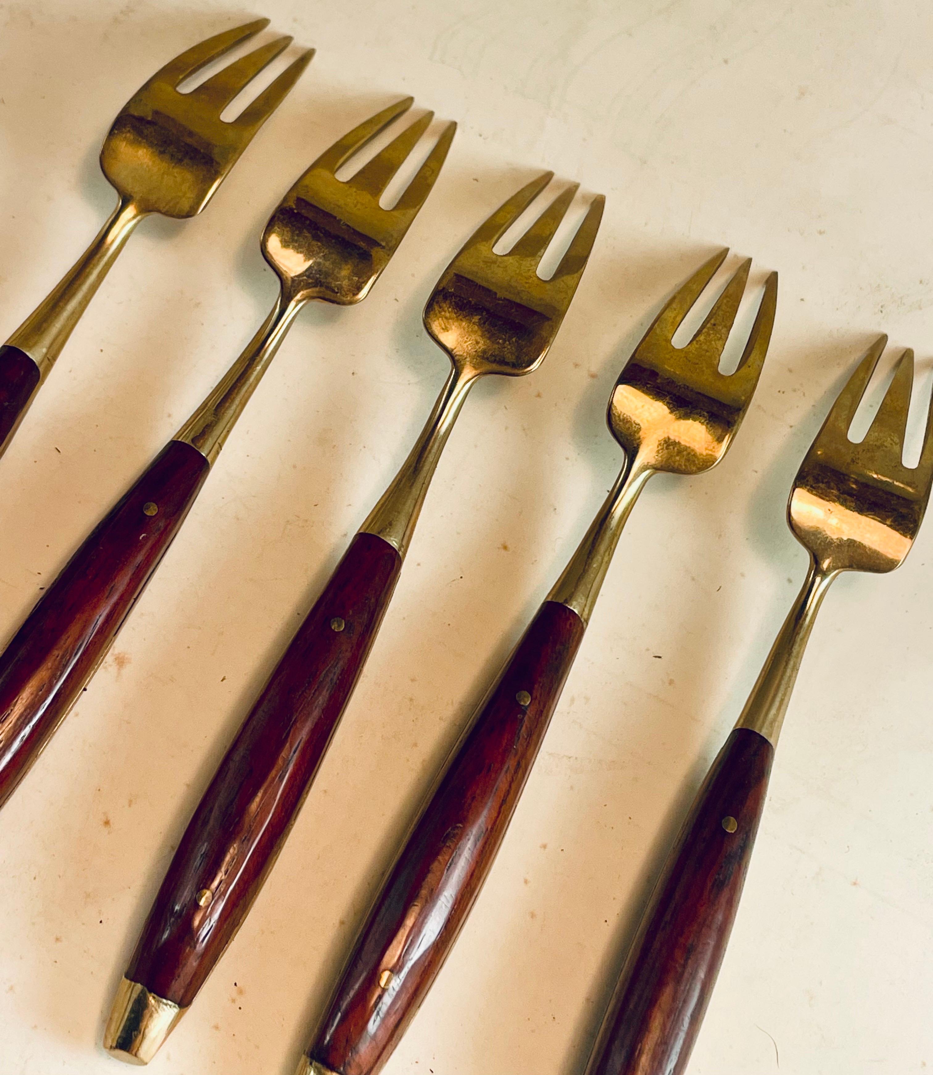 Rosewood & Brass Small Desert H'Ordreves Forks Flatware Set of 5 For Sale 4