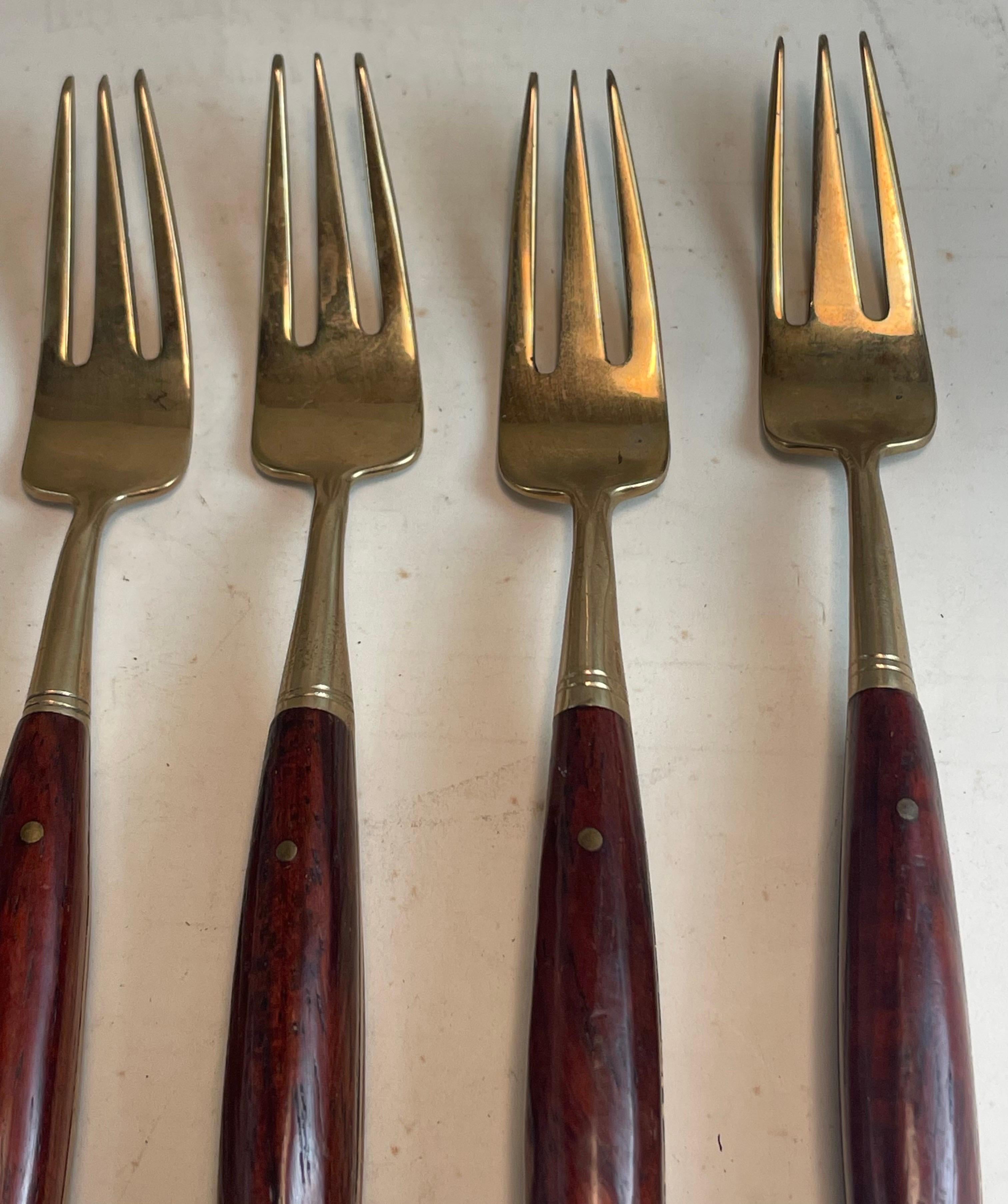 Mid-Century Modern Rosewood & Brass Small Desert H'Ordreves Forks Flatware Set of 5 For Sale
