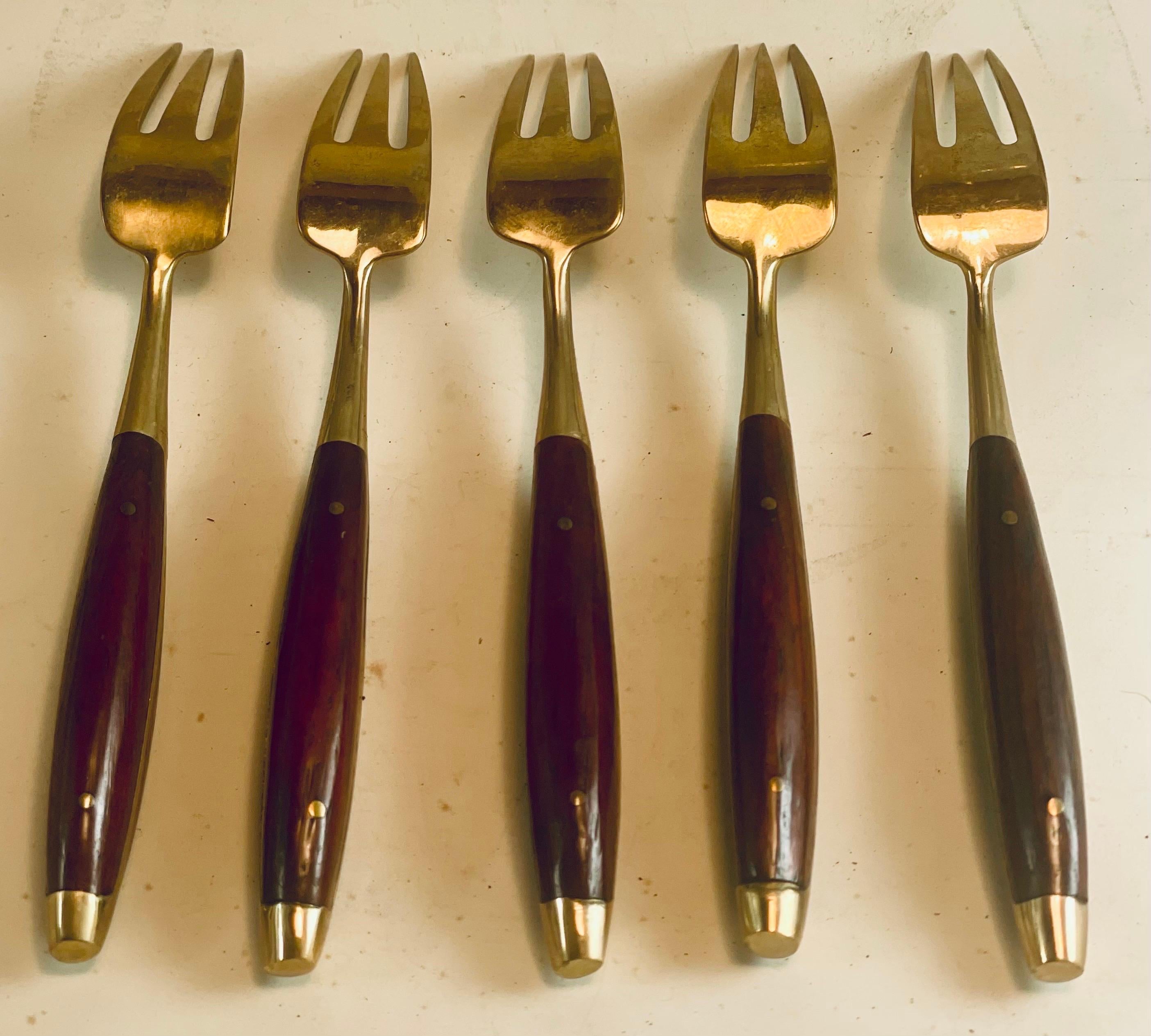 Rosewood & Brass Small Desert H'Ordreves Forks Flatware Set of 5 In Good Condition For Sale In Clifton Forge, VA