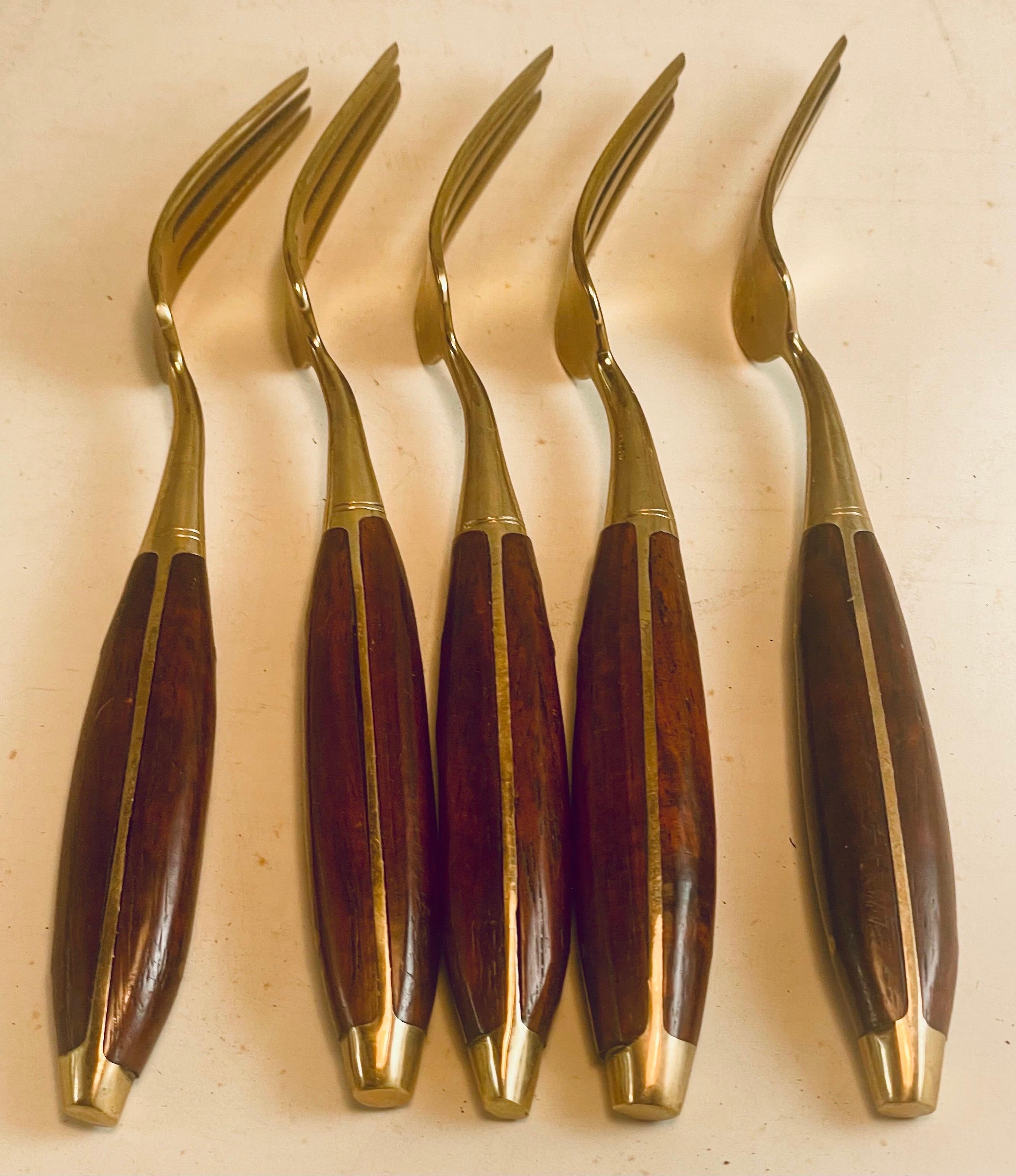 20th Century Rosewood & Brass Small Desert H'Ordreves Forks Flatware Set of 5 For Sale