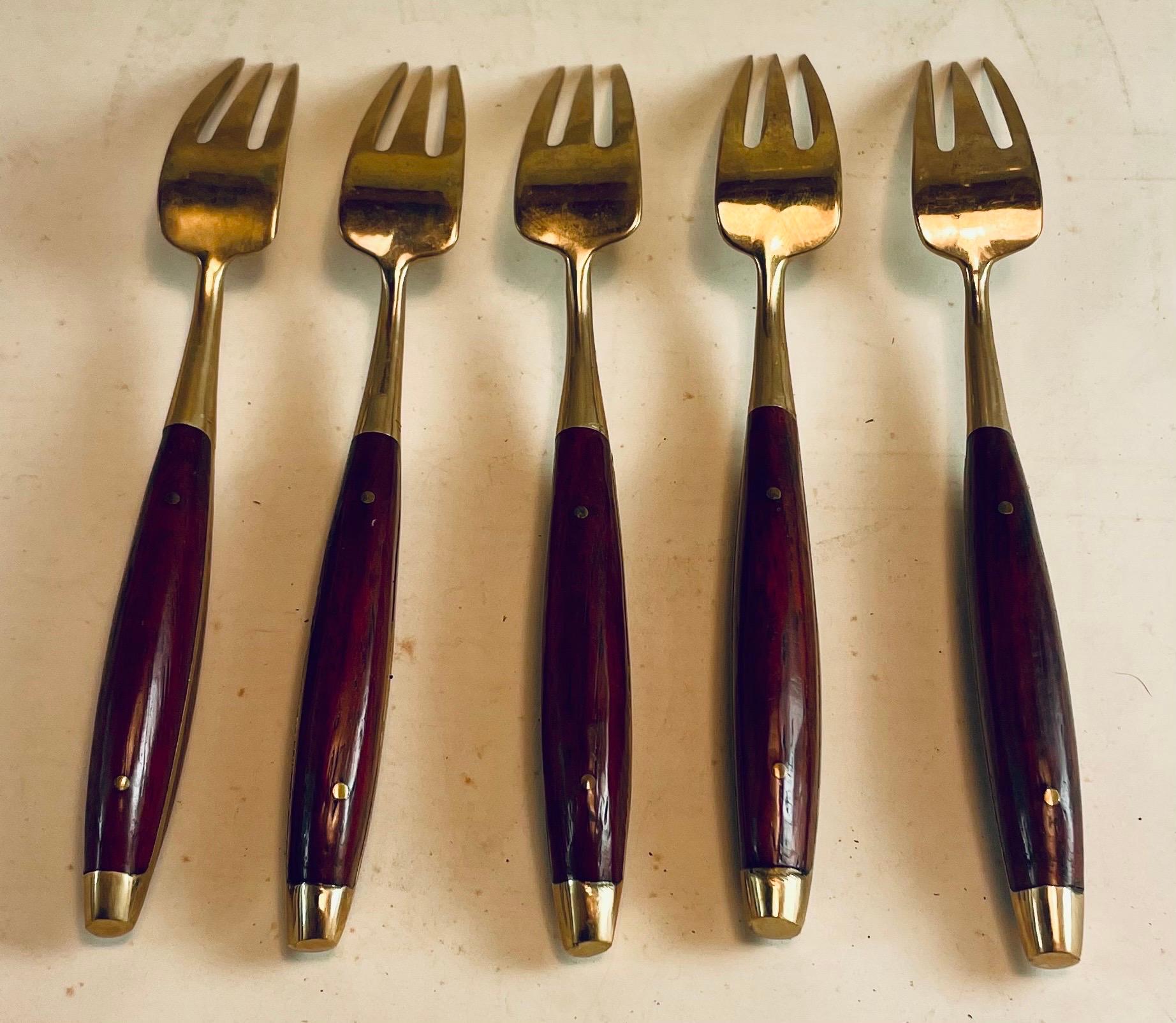 Rosewood & Brass Small Desert H'Ordreves Forks Flatware Set of 5 For Sale 1