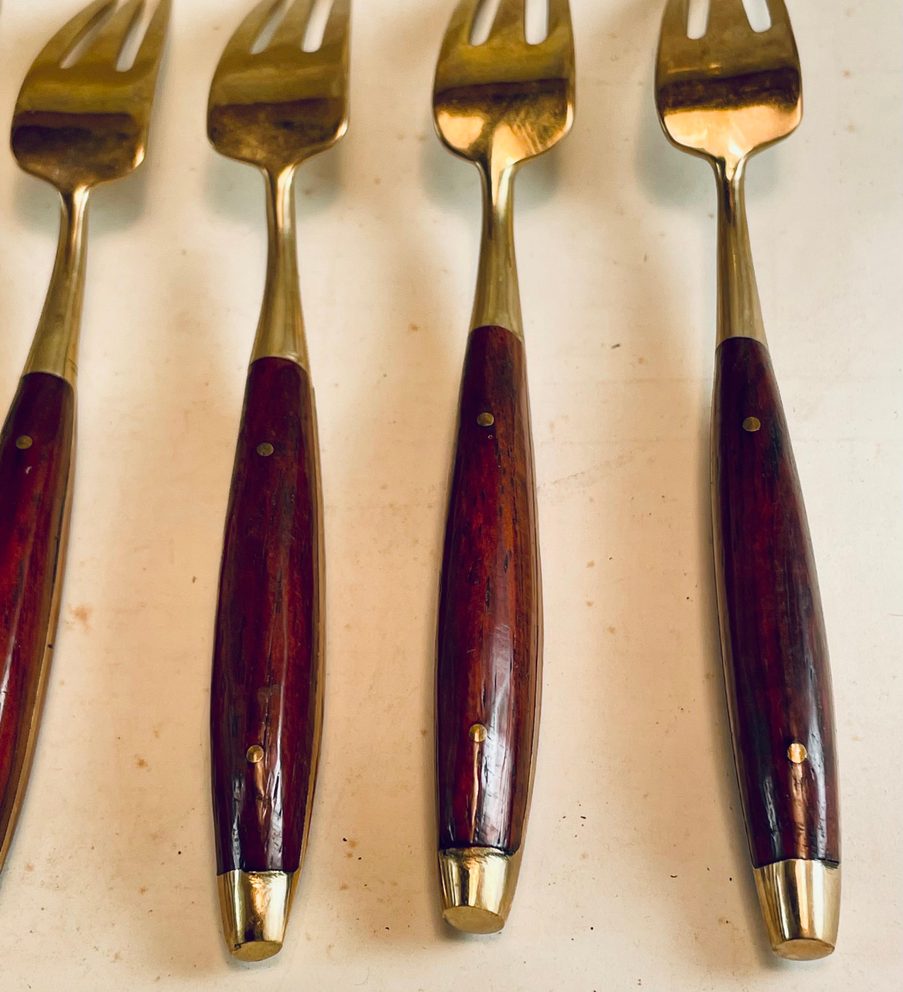 Rosewood & Brass Small Desert H'Ordreves Forks Flatware Set of 5 For Sale 3