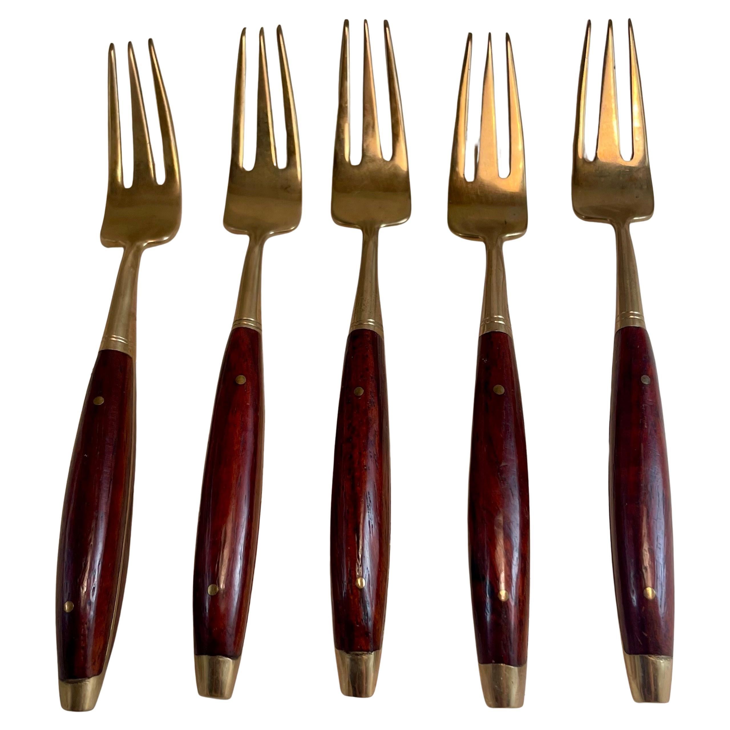 Fourchettes H'Ordreves en bois de rose et laiton Set de 5 couverts