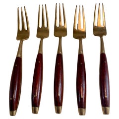 Fourchettes H'Ordreves en bois de rose et laiton Set de 5 couverts