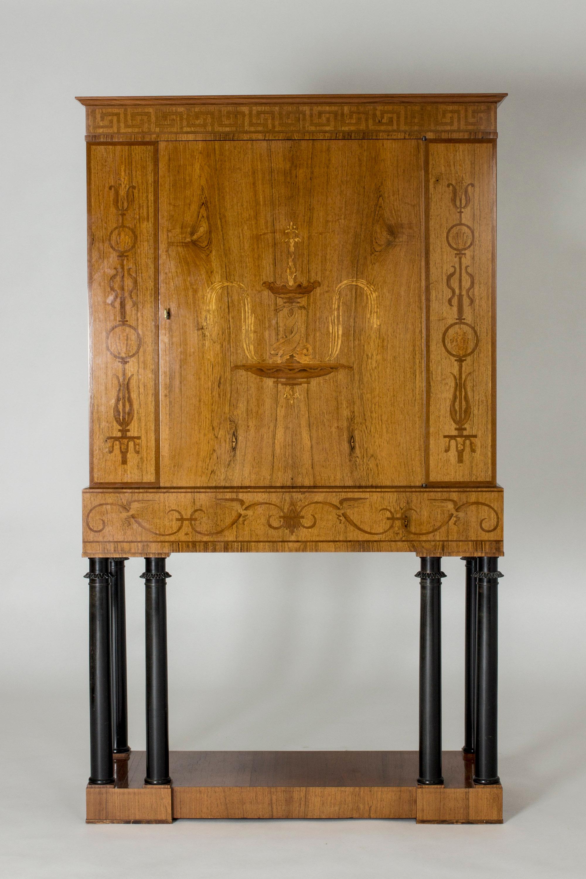 Stunning cabinet by Oscar Nilsson, made in palisander. Master cabinet maker built. Exquisitely decorated front and sides, with a meander border and Classic ornaments. The inlays in the centre of the cabinet shows a fountain, where one can easily
