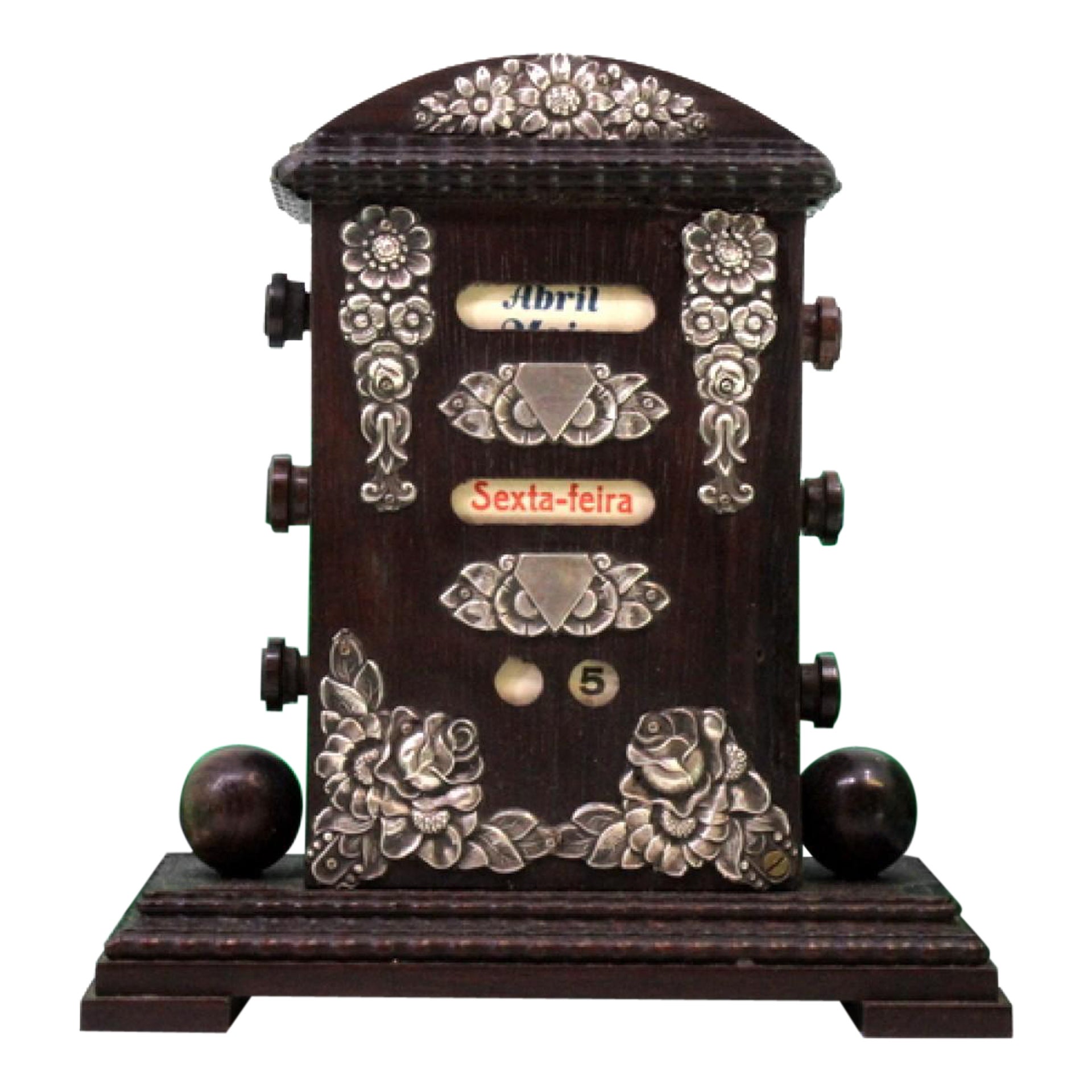 Kalender aus Palisanderholz mit Silberbeschlägen und Seitenverstellung im Angebot