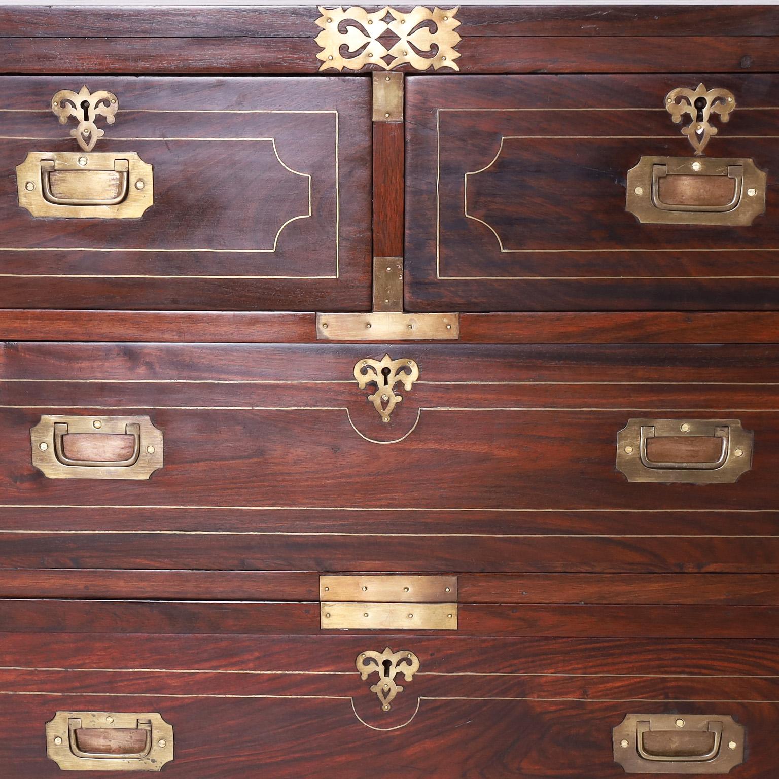 Brass Rosewood Campaign Chest of Drawers