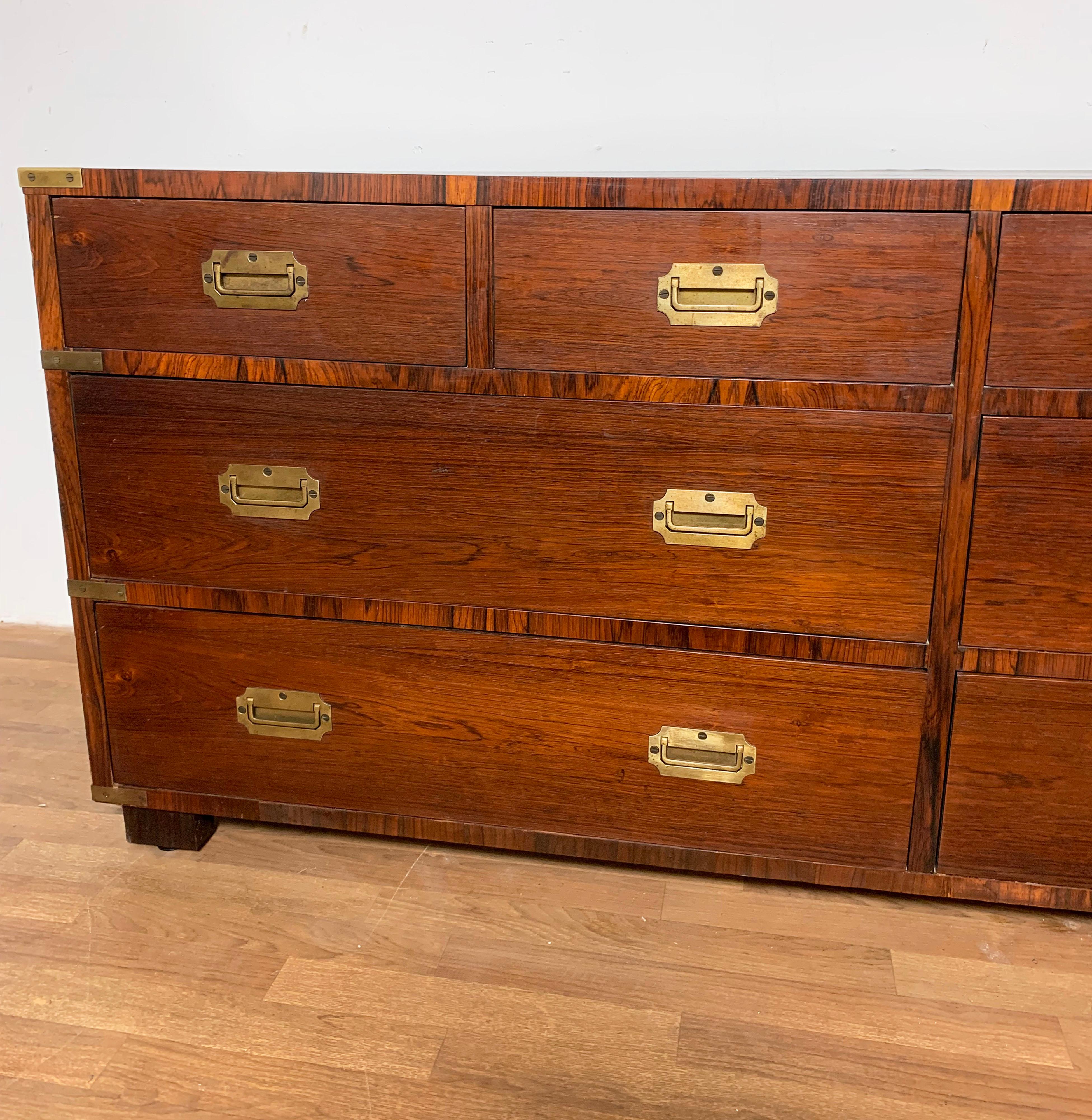 Brass Rosewood Campaign Chest of Eight Drawers by John Stuart, circa 1950s