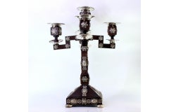 Rosewood candelabra with silver applications and four arms on square bases