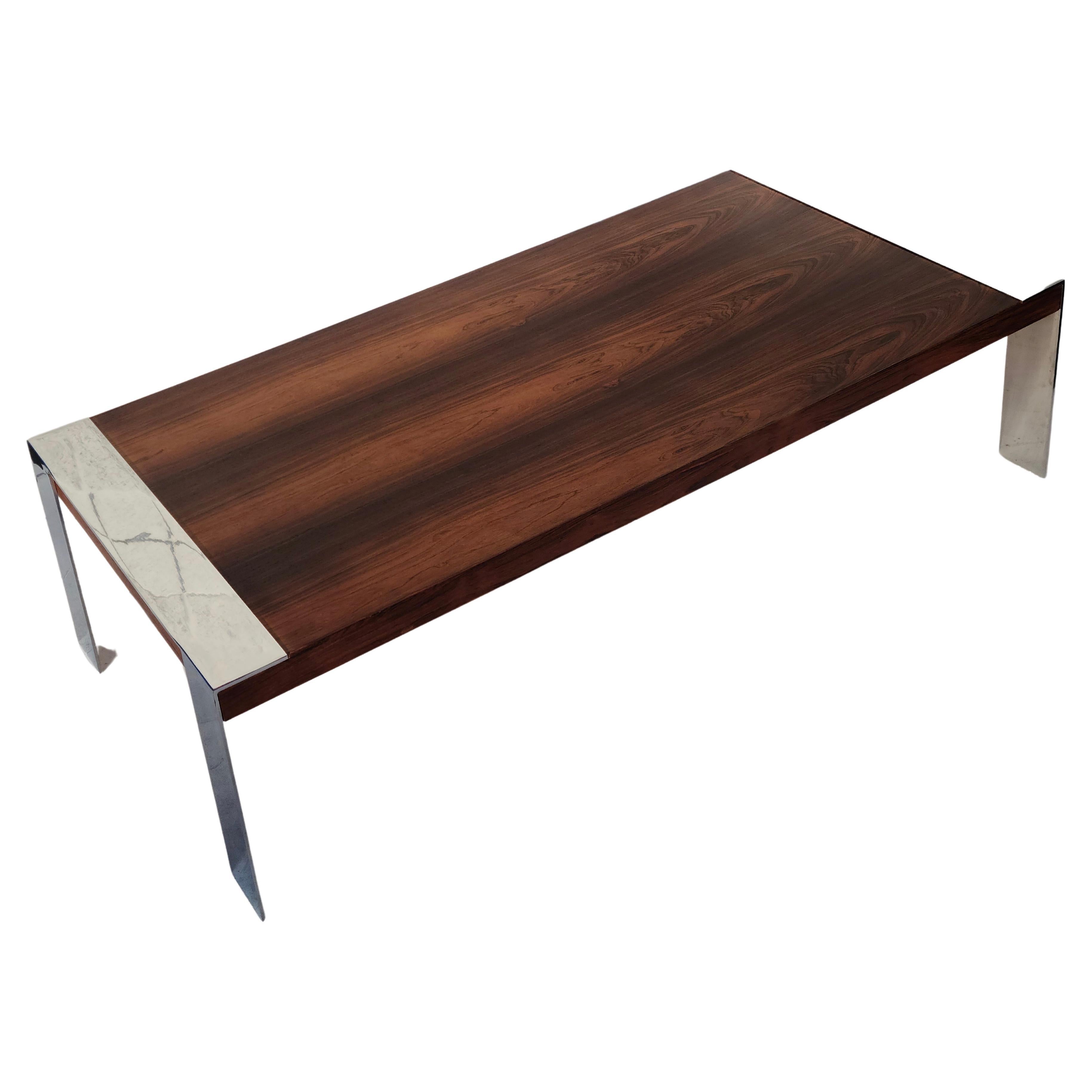 Please feel free to reach out for accurate shipping to your location.

Rosewood and Chrome Coffee Table.
In the Style of Milo Baughman Thayer Coggin.

Scratches to chrome on end legs.
Refinished.