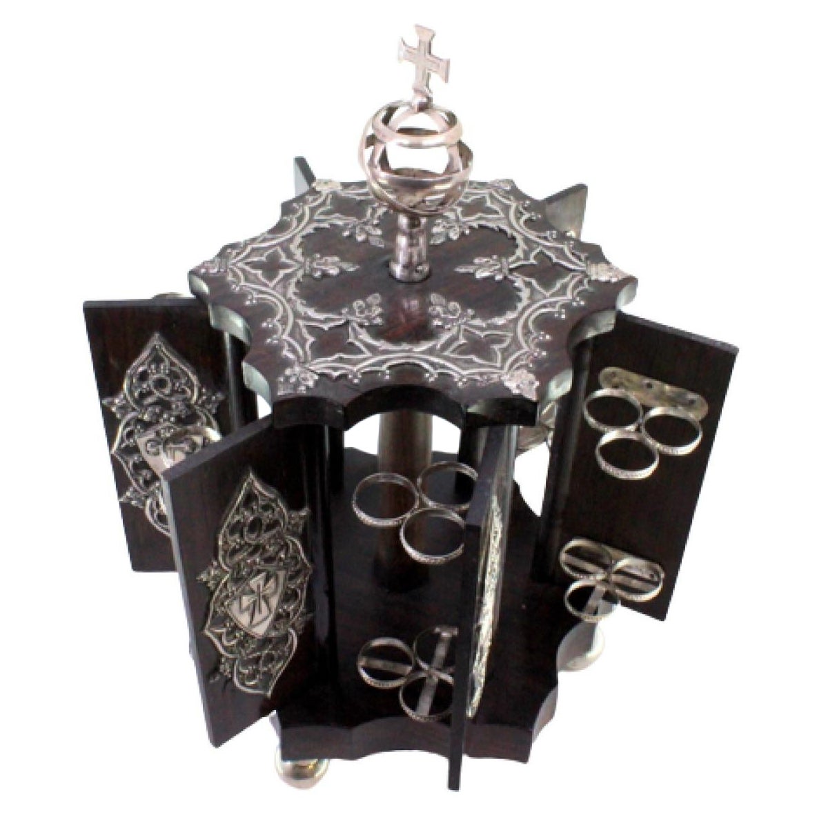 Rosewood cigar case with silver shields, caravels, armillary knob and three feet For Sale