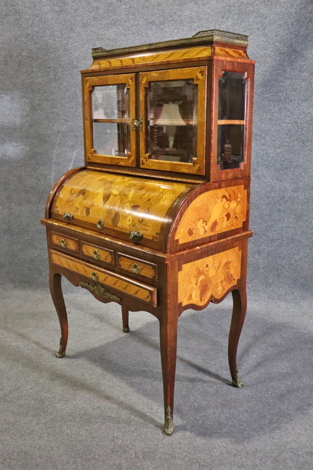 Rosewood Circassian Walnut Inlaid Beveled Glass French Louis XV Secretary Desk For Sale 4