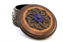 Rosewood circular box with garland and silver filigree, enamel lid