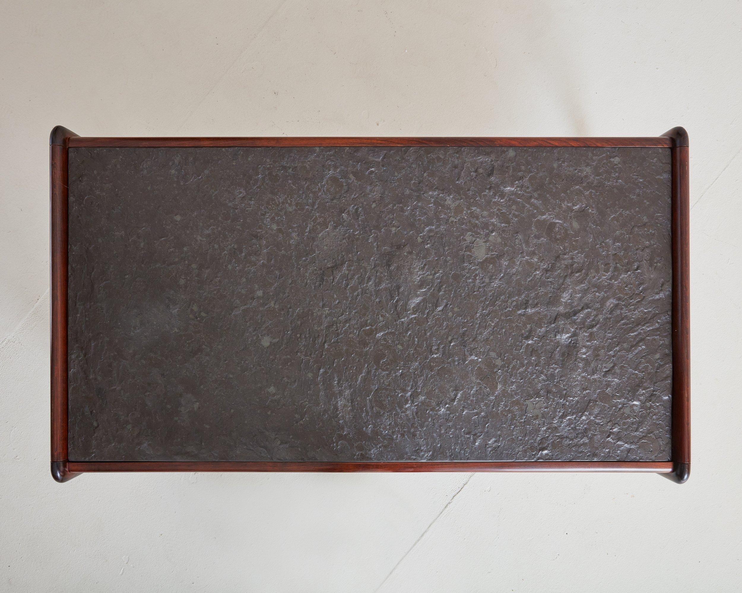 Mid-Century Modern Rosewood Coffee + Nesting Side Table Set Stone Top in the Style of Pierre Chapo