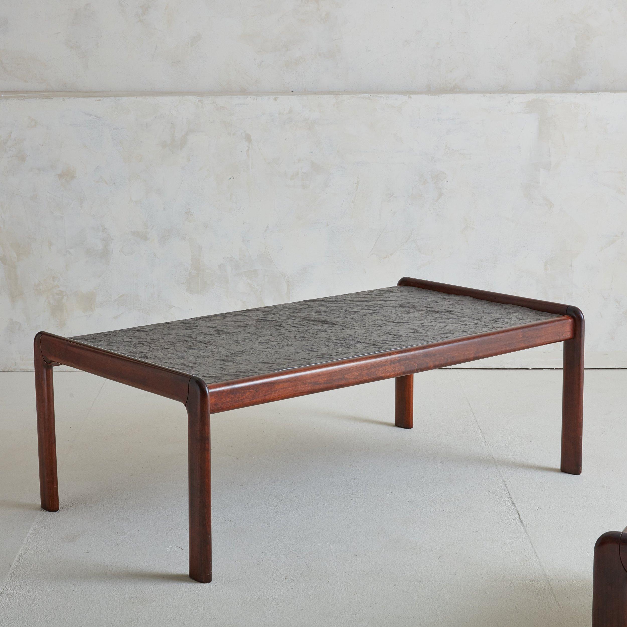 Rosewood Coffee + Nesting Side Table Set Stone Top in the Style of Pierre Chapo In Good Condition For Sale In Chicago, IL
