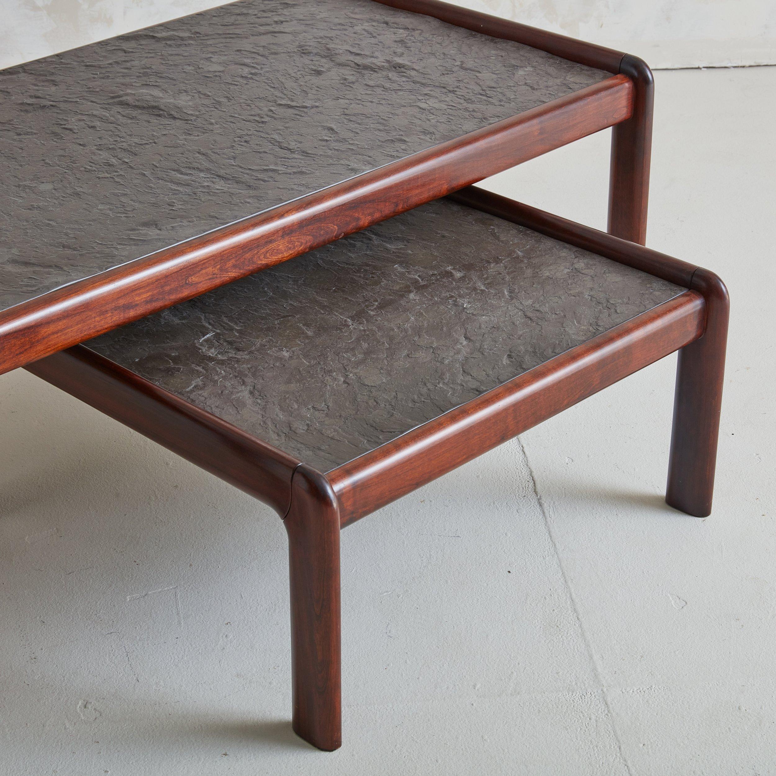 Late 20th Century Rosewood Coffee + Nesting Side Table Set Stone Top in the Style of Pierre Chapo For Sale