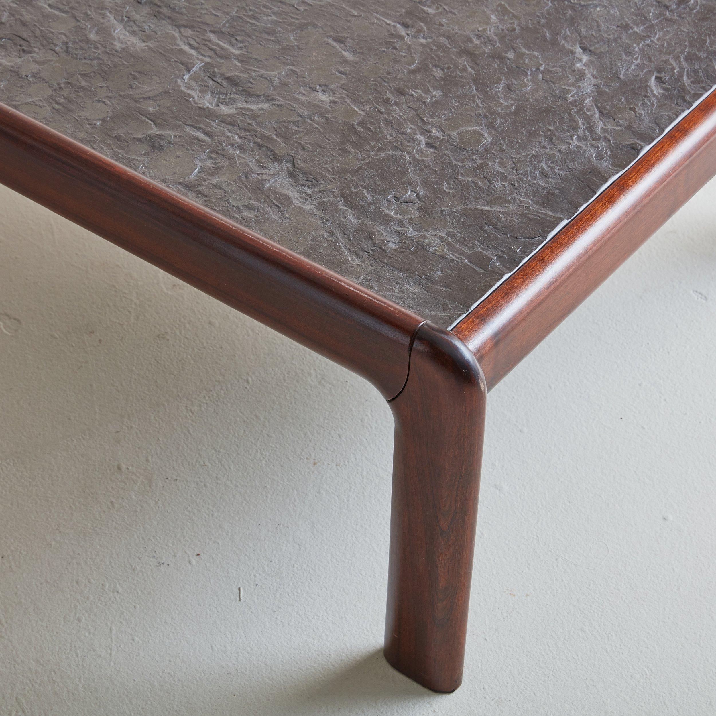 Rosewood Coffee + Nesting Side Table Set Stone Top in the Style of Pierre Chapo 1