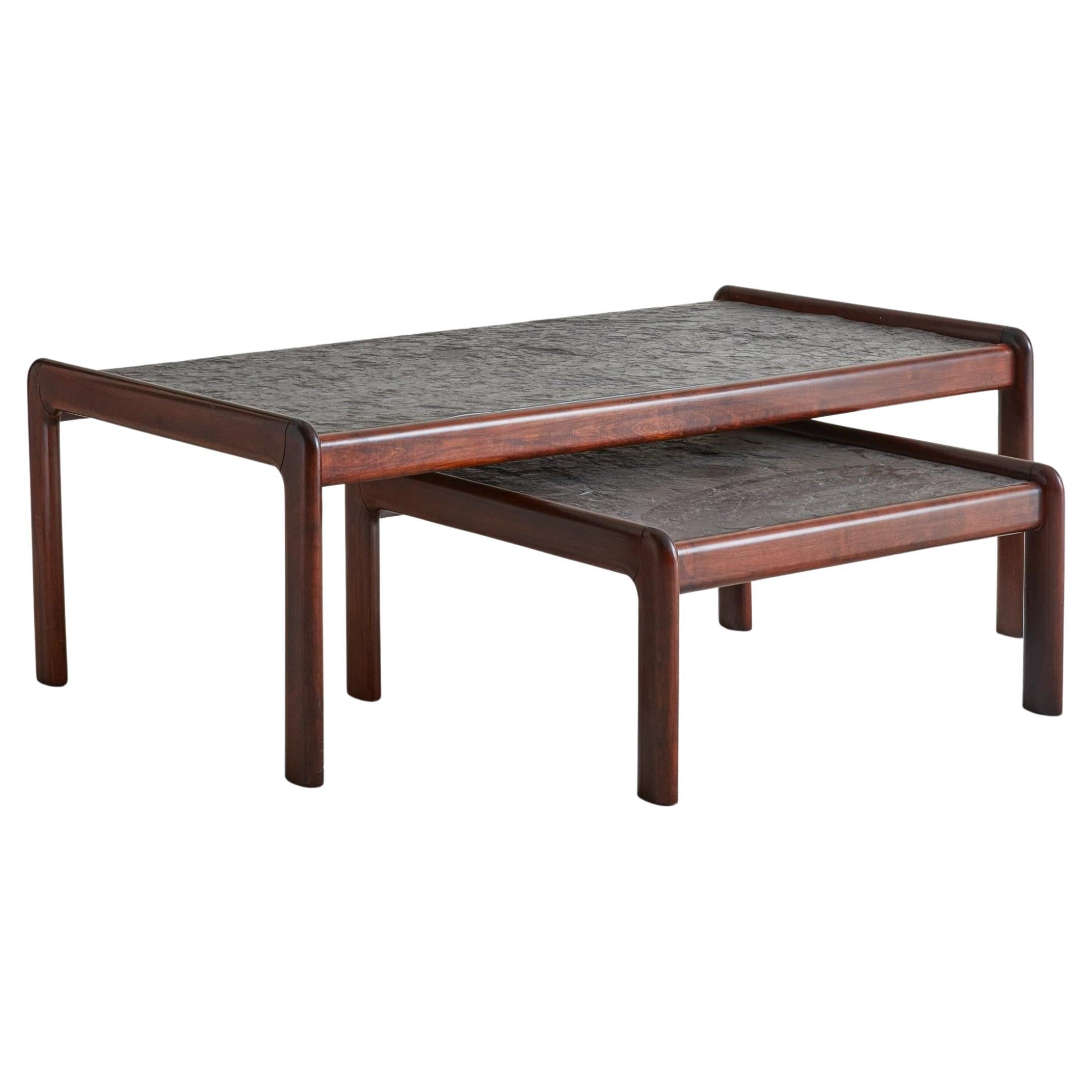Rosewood Coffee + Nesting Side Table Set Stone Top in the Style of Pierre Chapo