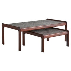 Retro Rosewood Coffee + Nesting Side Table Set Stone Top in the Style of Pierre Chapo