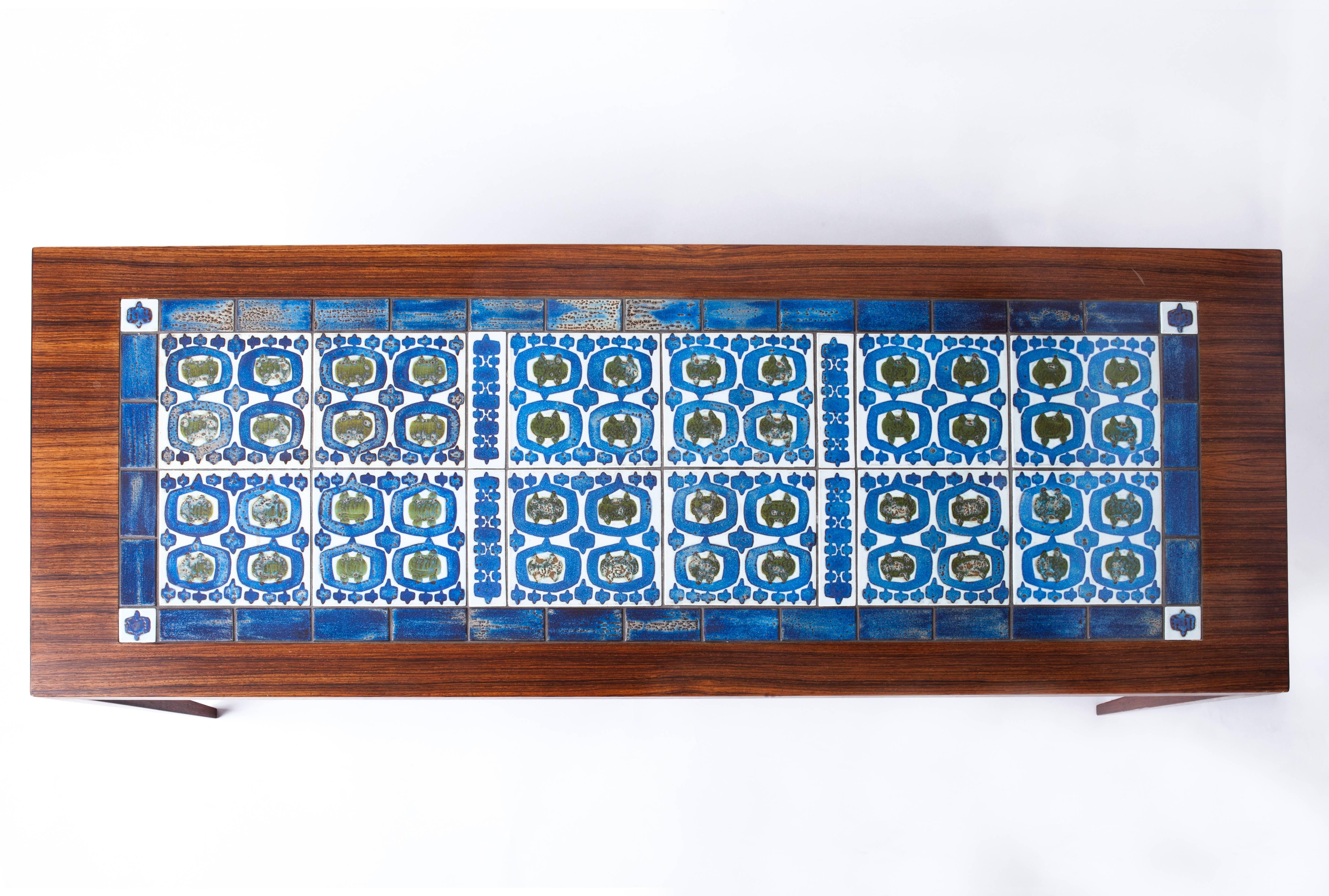 Danish Rosewood Coffee Table with Blue and Green Ceramic Tiles by Severin Hansen