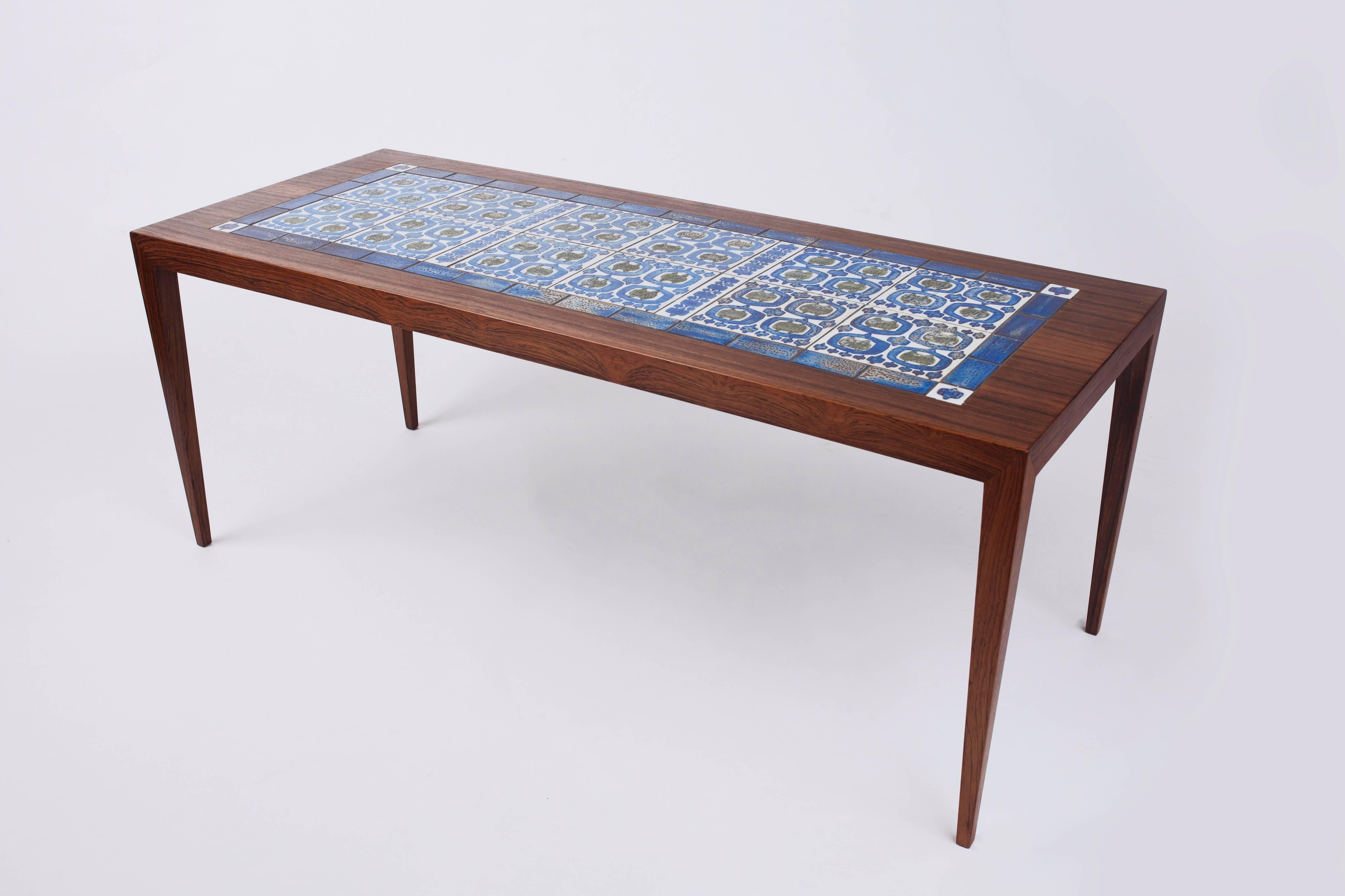 Glazed Rosewood Coffee Table with Blue and Green Ceramic Tiles by Severin Hansen