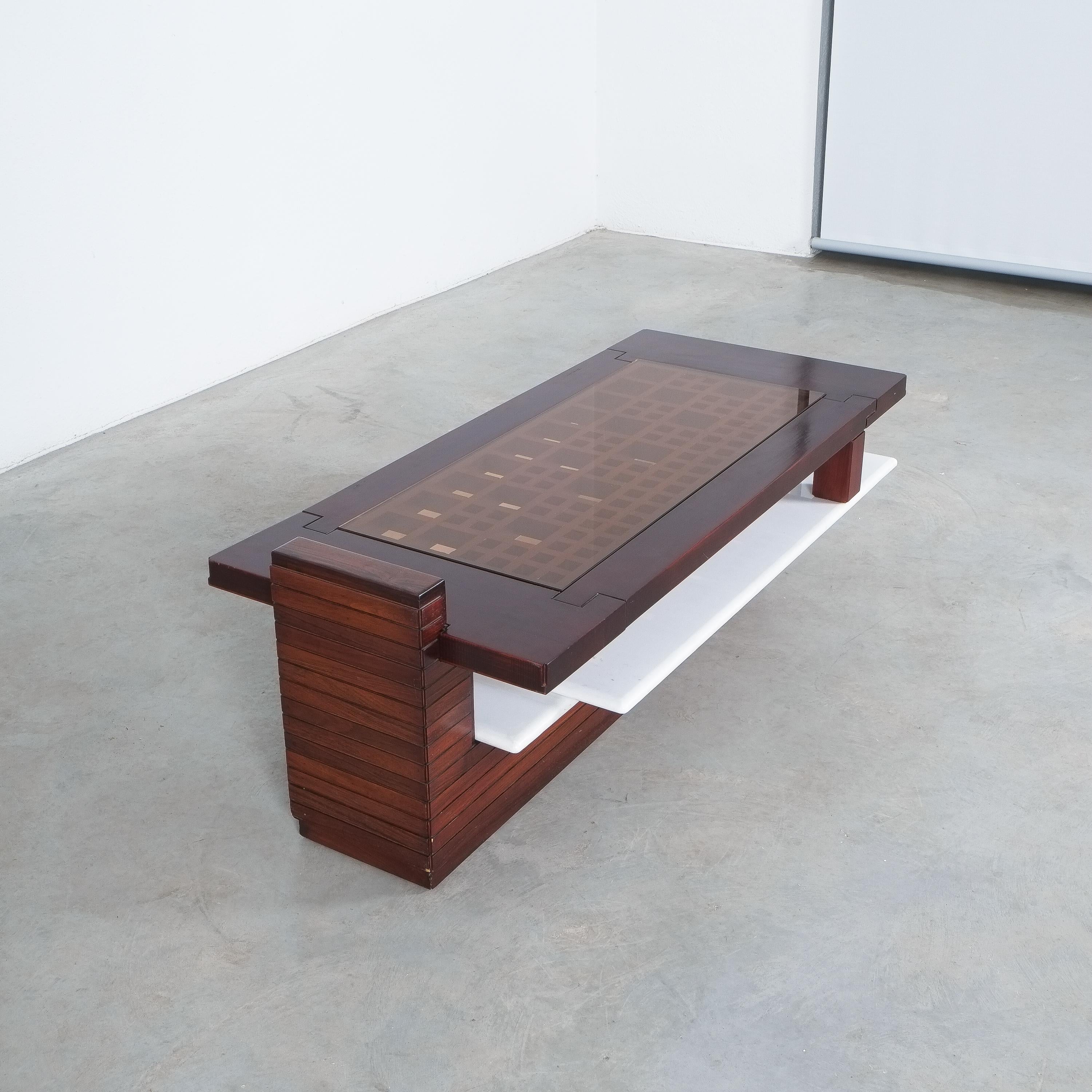 Brazilian Rosewood Coffee Table with Marble Tray, Circa 1970 For Sale