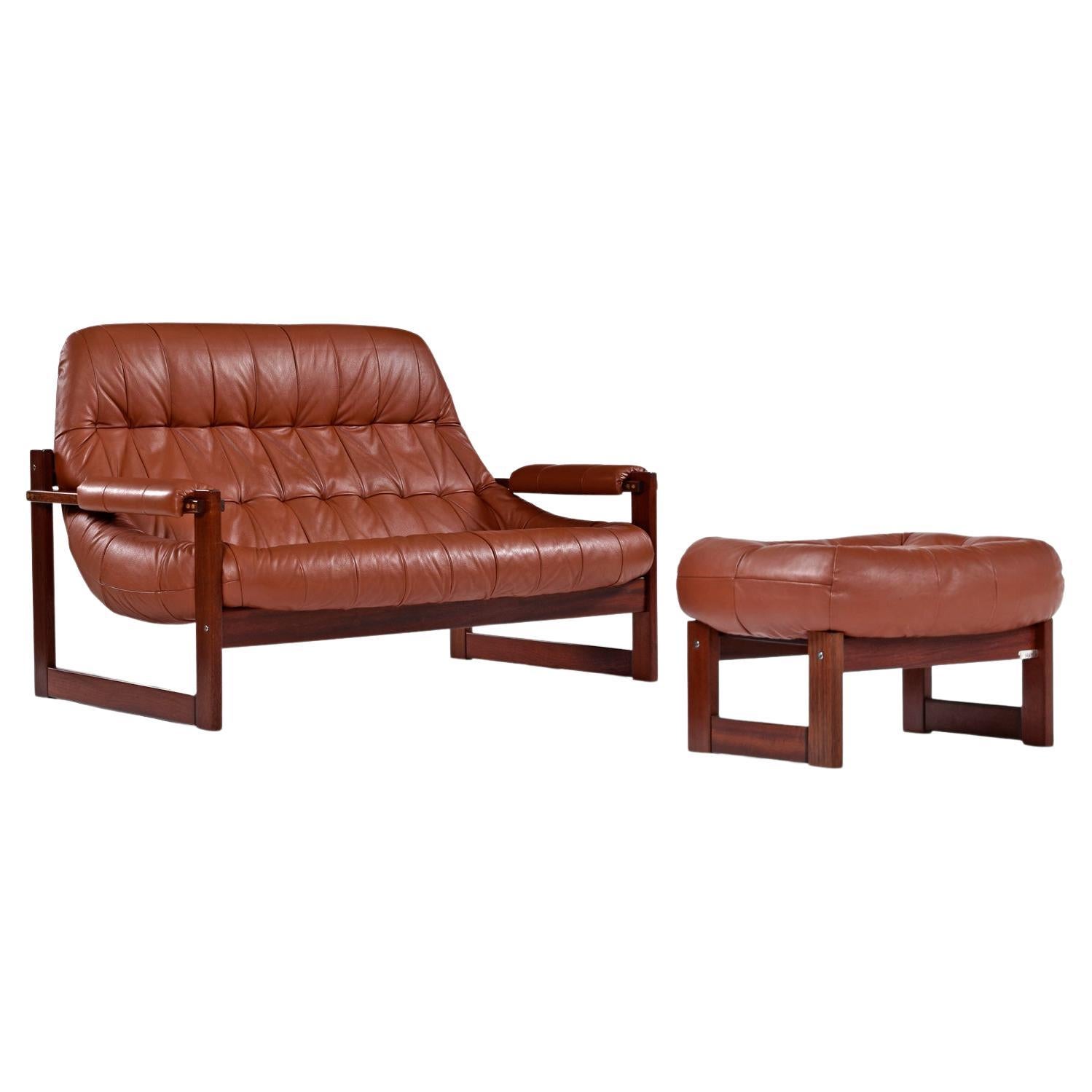 Rosewood & Cognac Leather Mp-163 "Earth" Loveseat & Ottoman by Percival Lafer