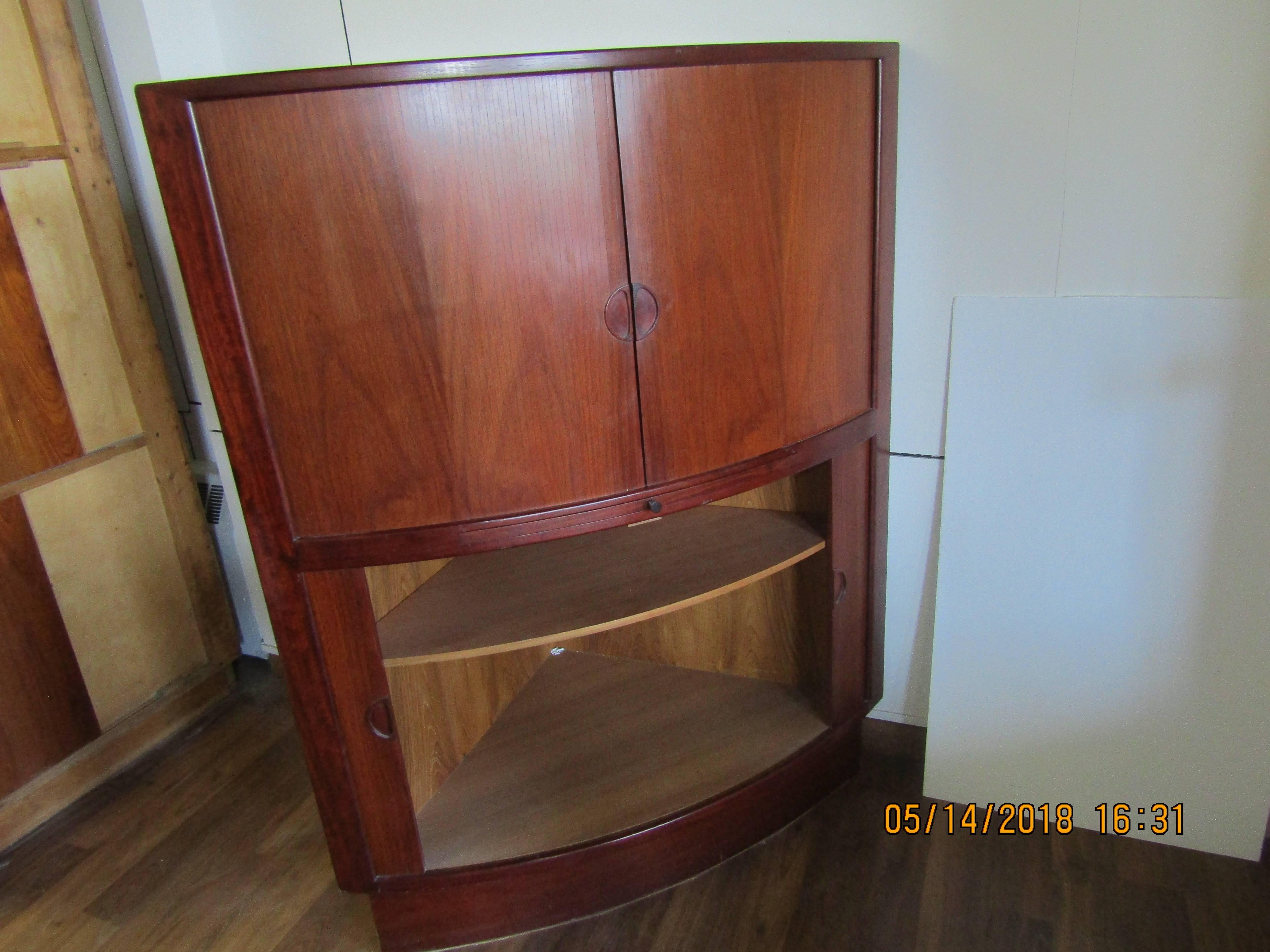 Danish Rosewood Corner Cabinet with Mirrored Bar and Melamine Shelf and Tambour Doors For Sale