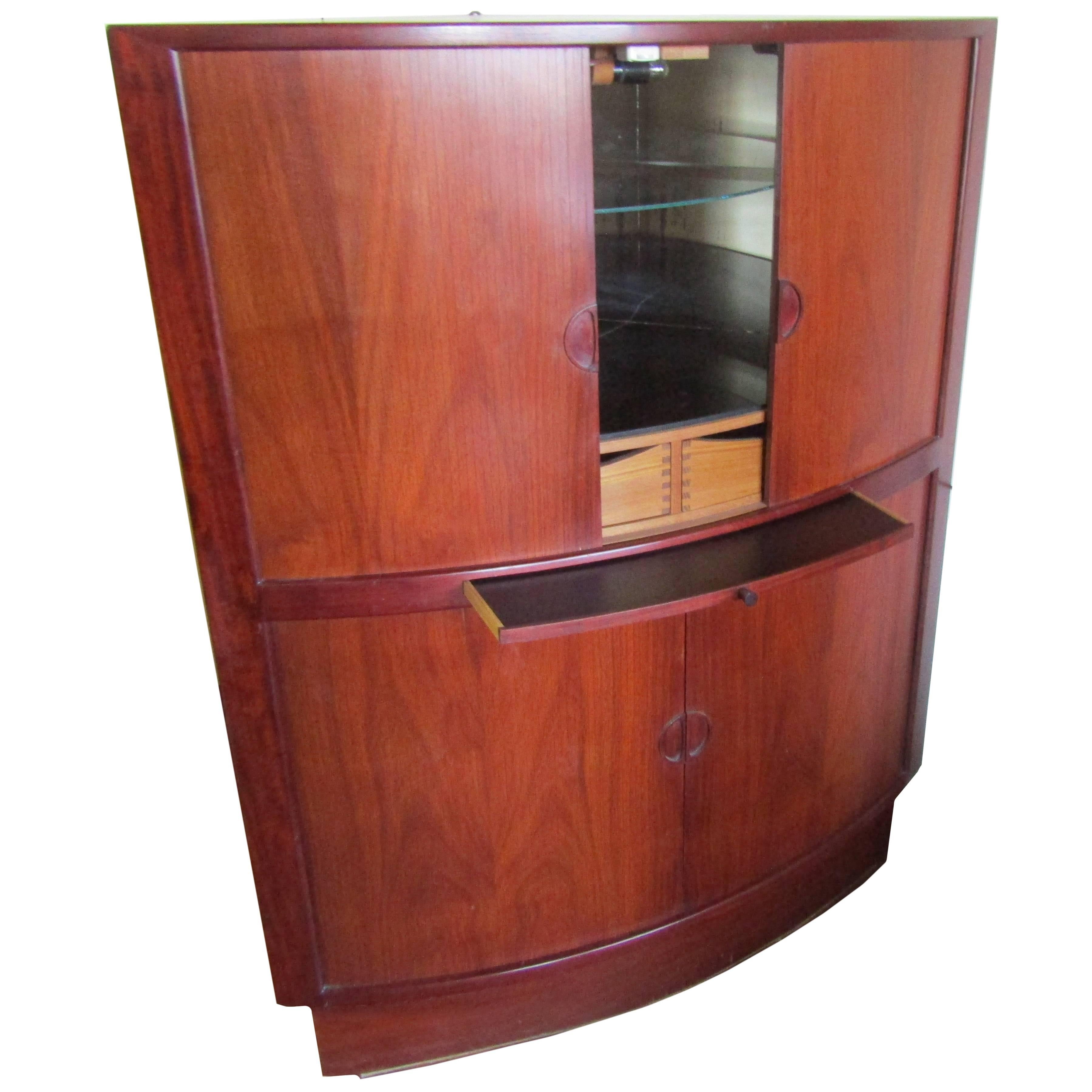 Rosewood Corner Cabinet with Mirrored Bar and Melamine Shelf and Tambour Doors For Sale