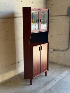 Rosewood Corner Cabinet with Stained Glass Hutch Danish Mid-Century Modern 1960s