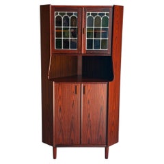 Rosewood Corner Cabinet with Stained Glass Hutch Danish Mid-Century Modern 1960s