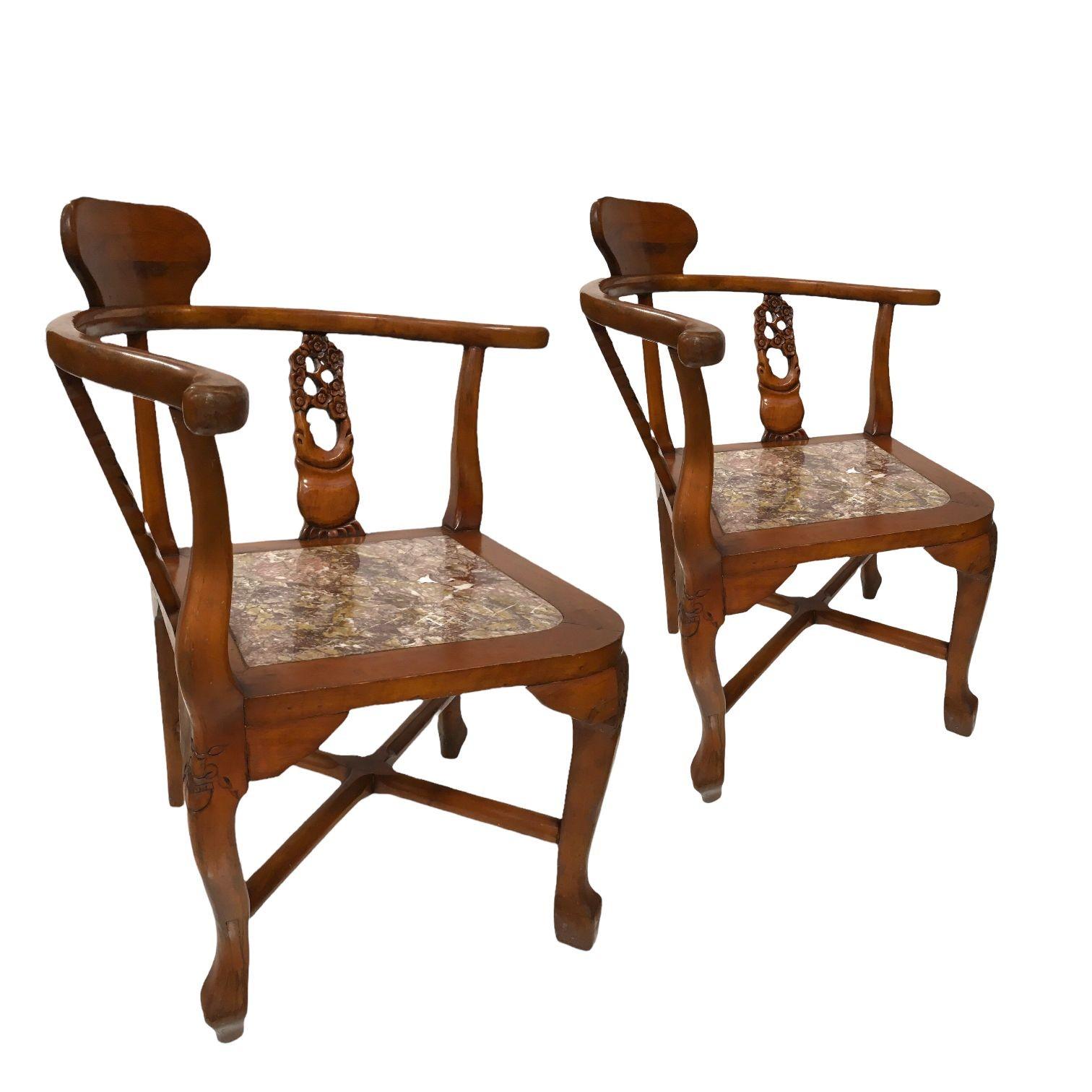 Chinoiserie Chinese-inspired Mid-century Rosewood Horseshoe Corner Chairs with Marble Seats designed by James Mount. These beautiful solid maple wood corner set of 2 chairs with gorgeous carvings along the seat back and legs with an inlaid marble