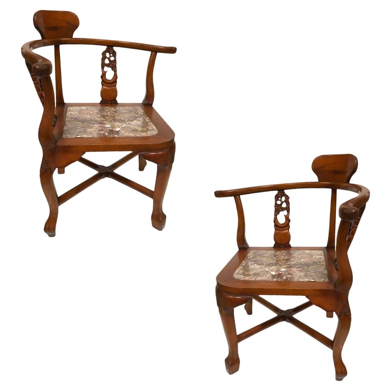 Rosewood Horseshoe Chair with Marble Seat by James Mont, Pair