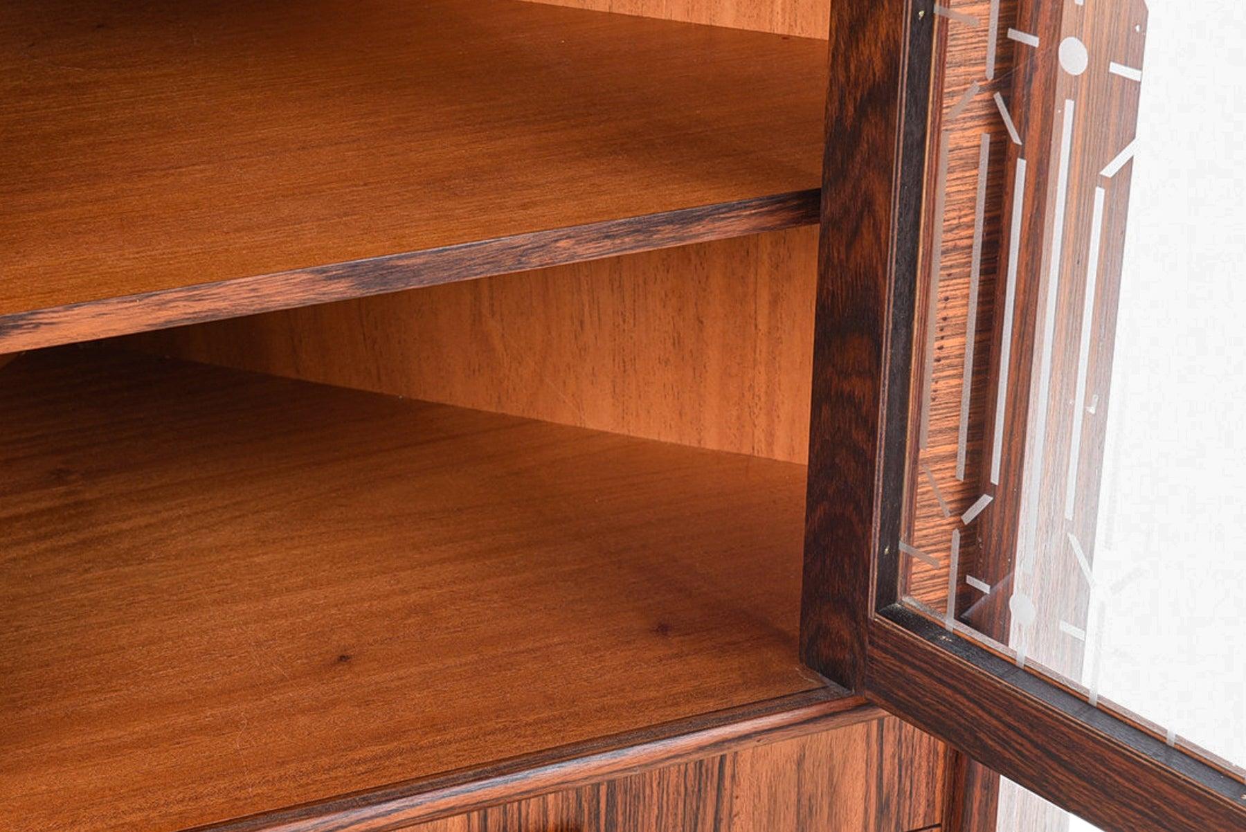 Mid-Century Modern Rosewood Corner Unit with Etched Glass Door Front