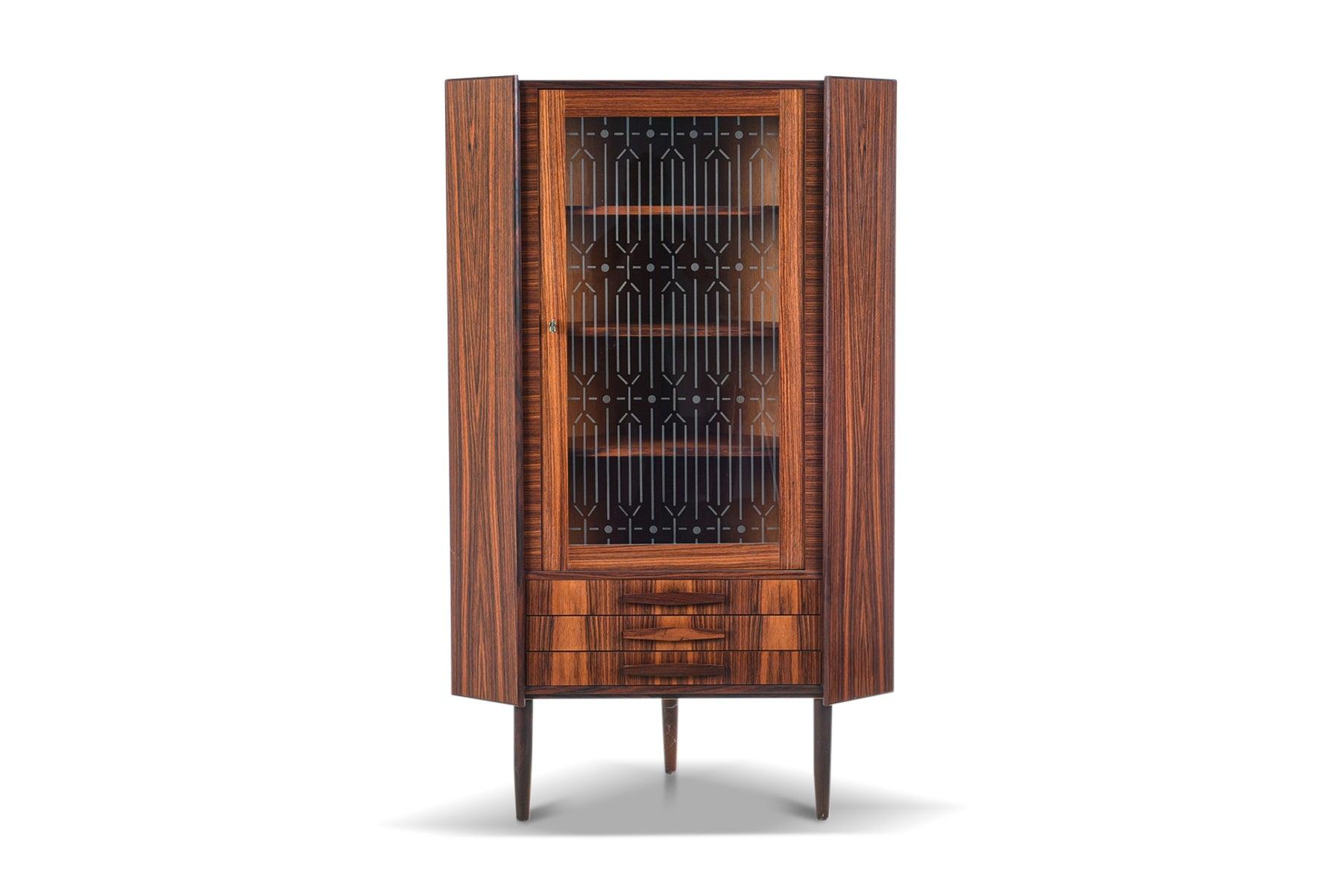 20th Century Rosewood Corner Unit with Etched Glass Door Front