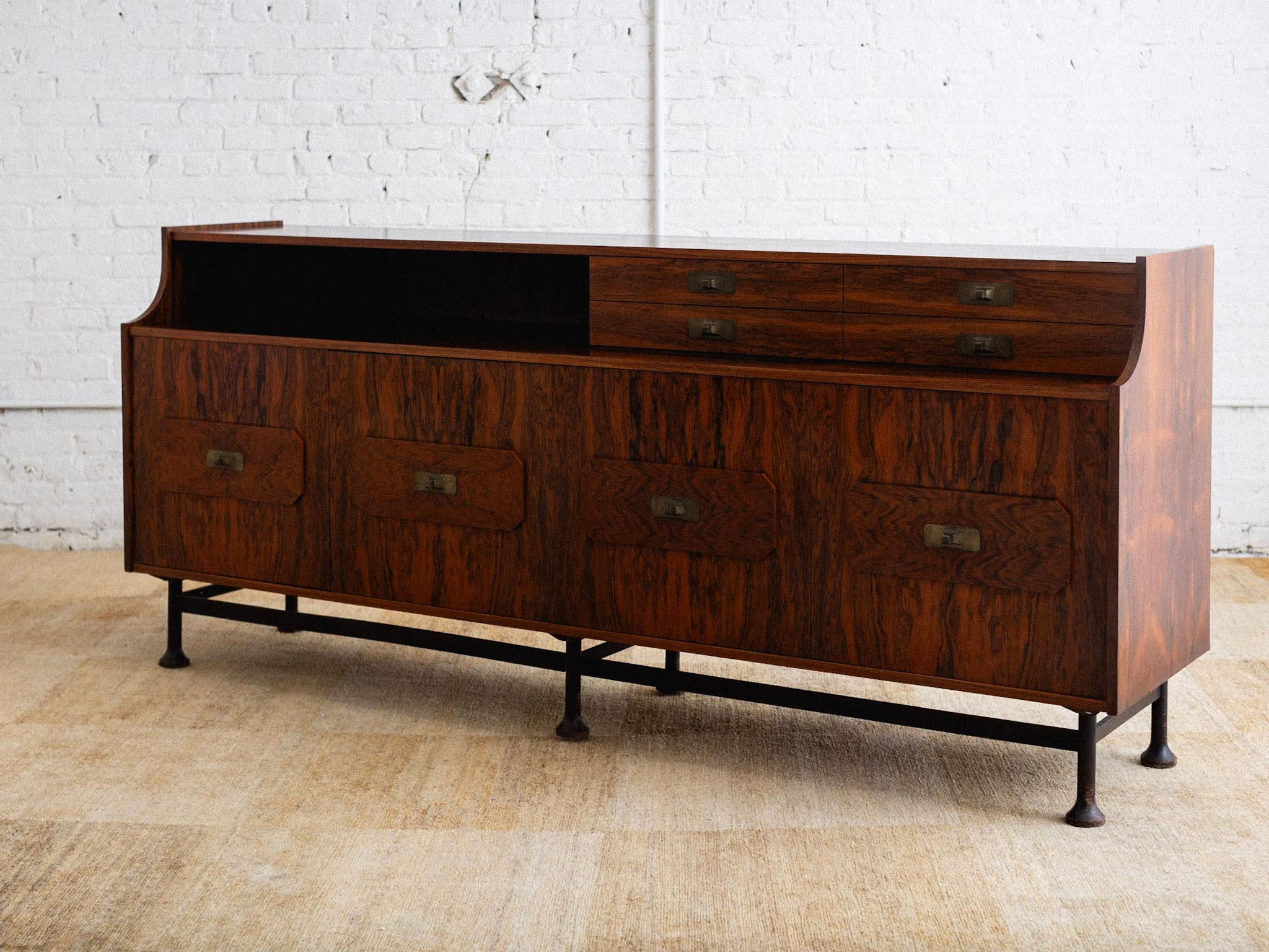 Italian Rosewood Credenza With Iron Base & Brass Hardware