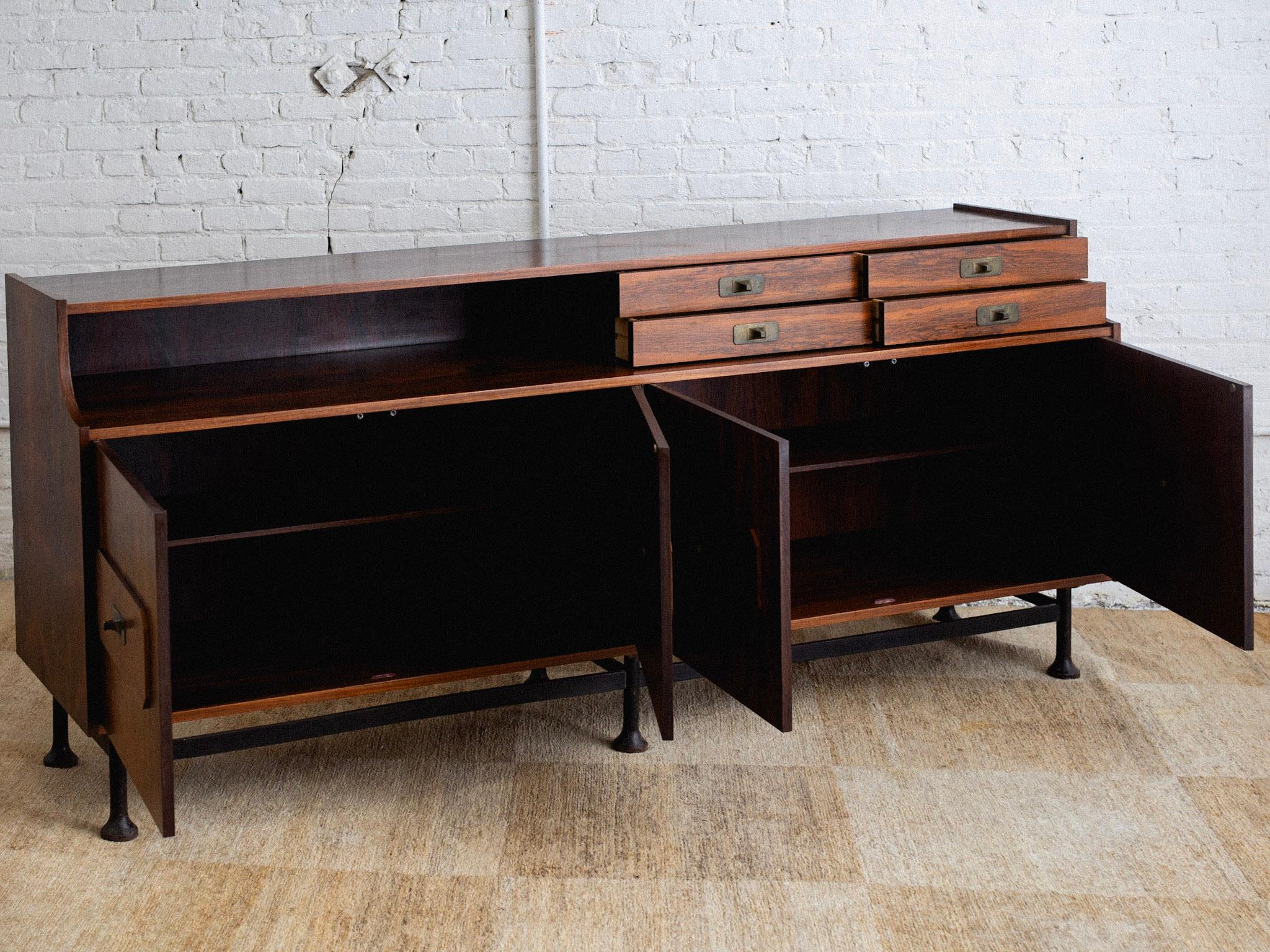 Rosewood Credenza With Iron Base & Brass Hardware In Good Condition In Brooklyn, NY