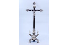 Rosewood crucifix with silver Jesus and Christian symbols on three feet
