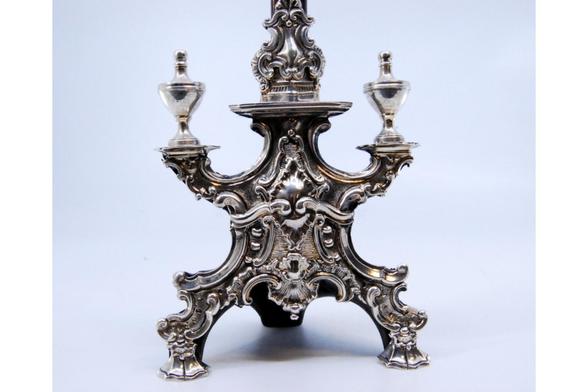 European Rosewood crucifix with silver Jesus and Christian symbols on three feet For Sale