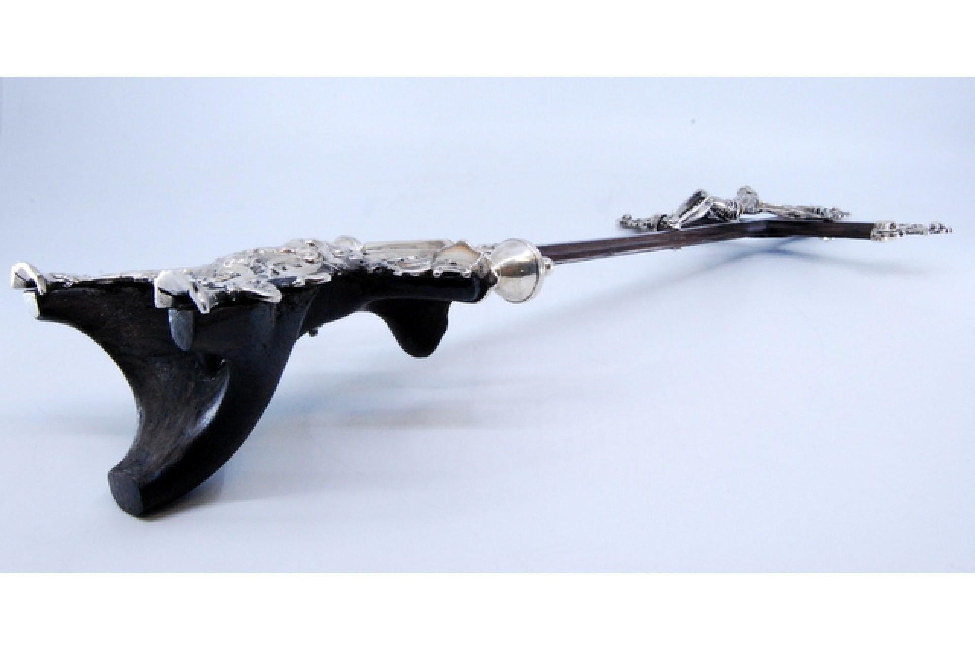 18th Century and Earlier Rosewood crucifix with silver Jesus and Christian symbols on three feet For Sale