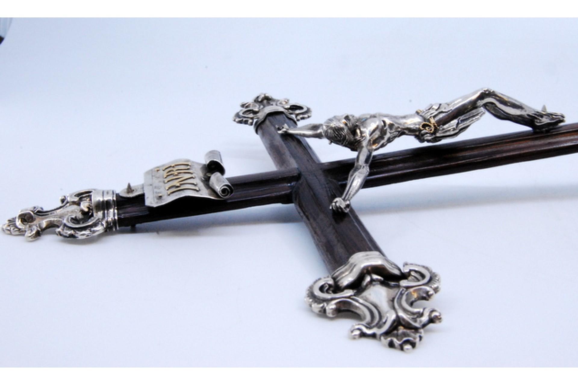 Silver Rosewood crucifix with silver Jesus and Christian symbols on three feet For Sale